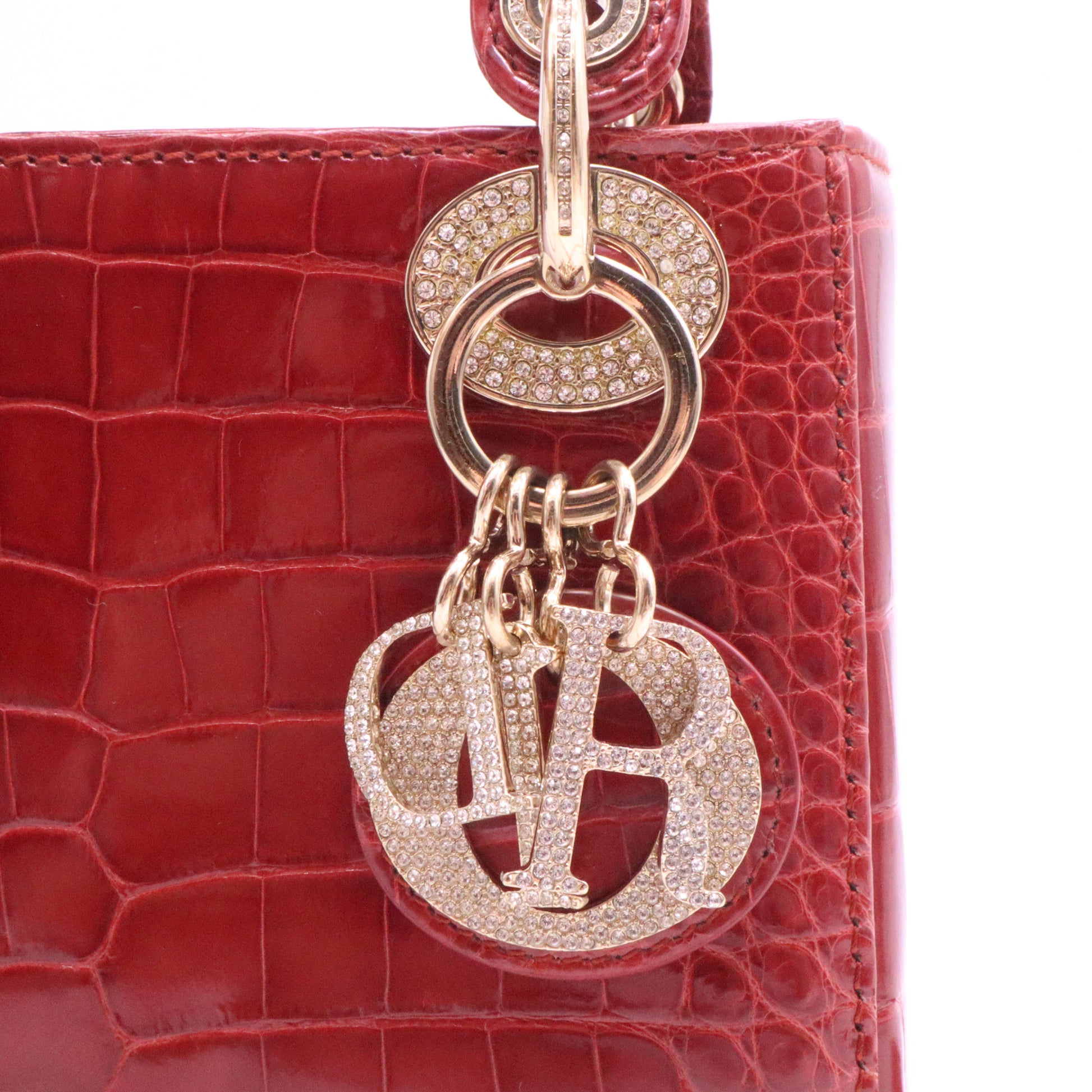 Christian Dior Red Crocodile Crystal Embellished Mini Lady Dior Bag w/ Strap Twins LDJ3980