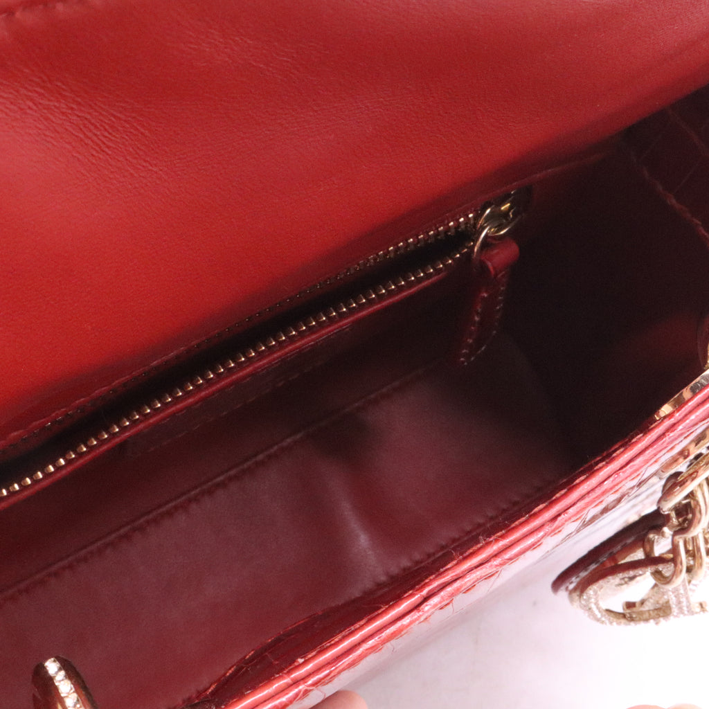 Christian Dior Red Crocodile Crystal Embellished Mini Lady Dior Bag w/ Strap Twins LDJ3980