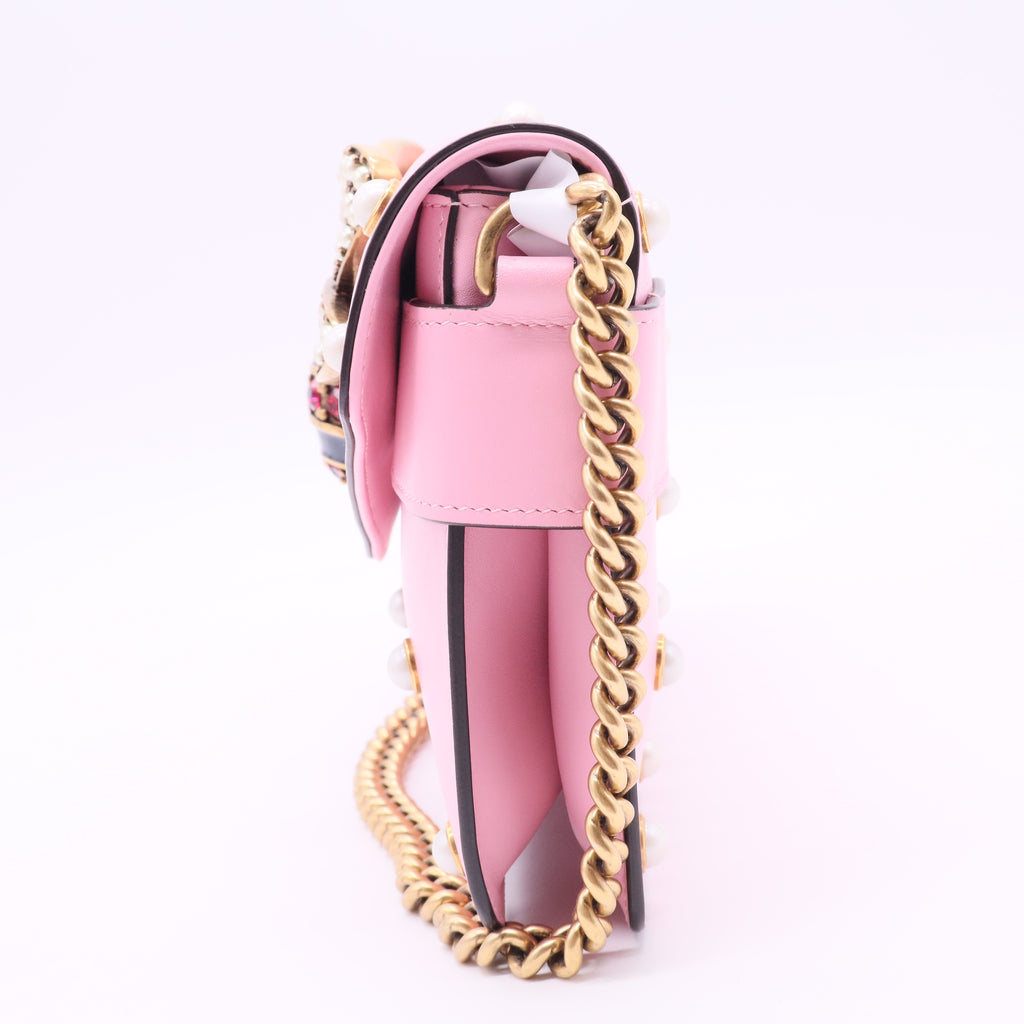 Gucci Pink Leather Pearl Studded Mini Broadway Bee Shoulder Bag