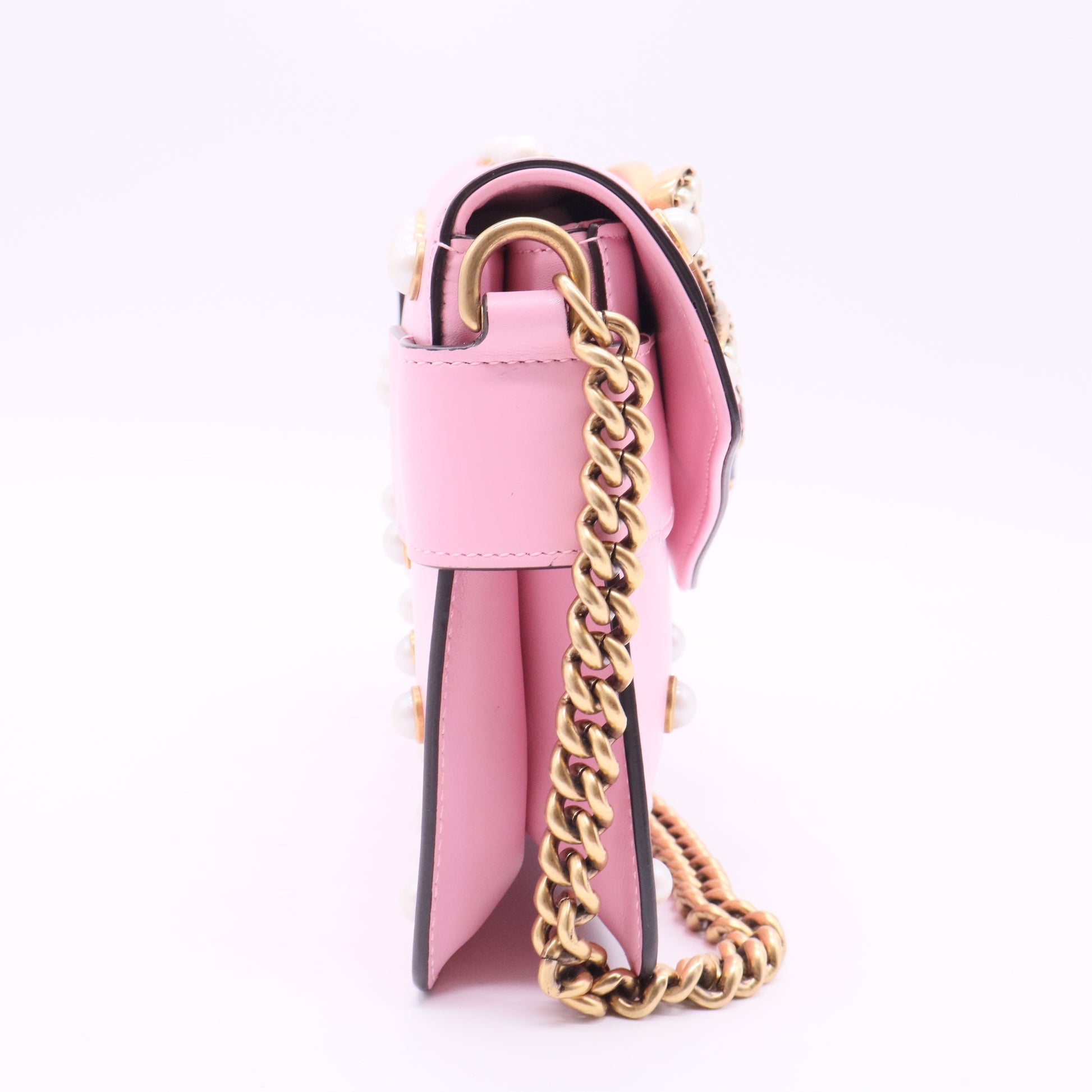 Gucci Pink Leather Pearl Studded Mini Broadway Bee Shoulder Bag