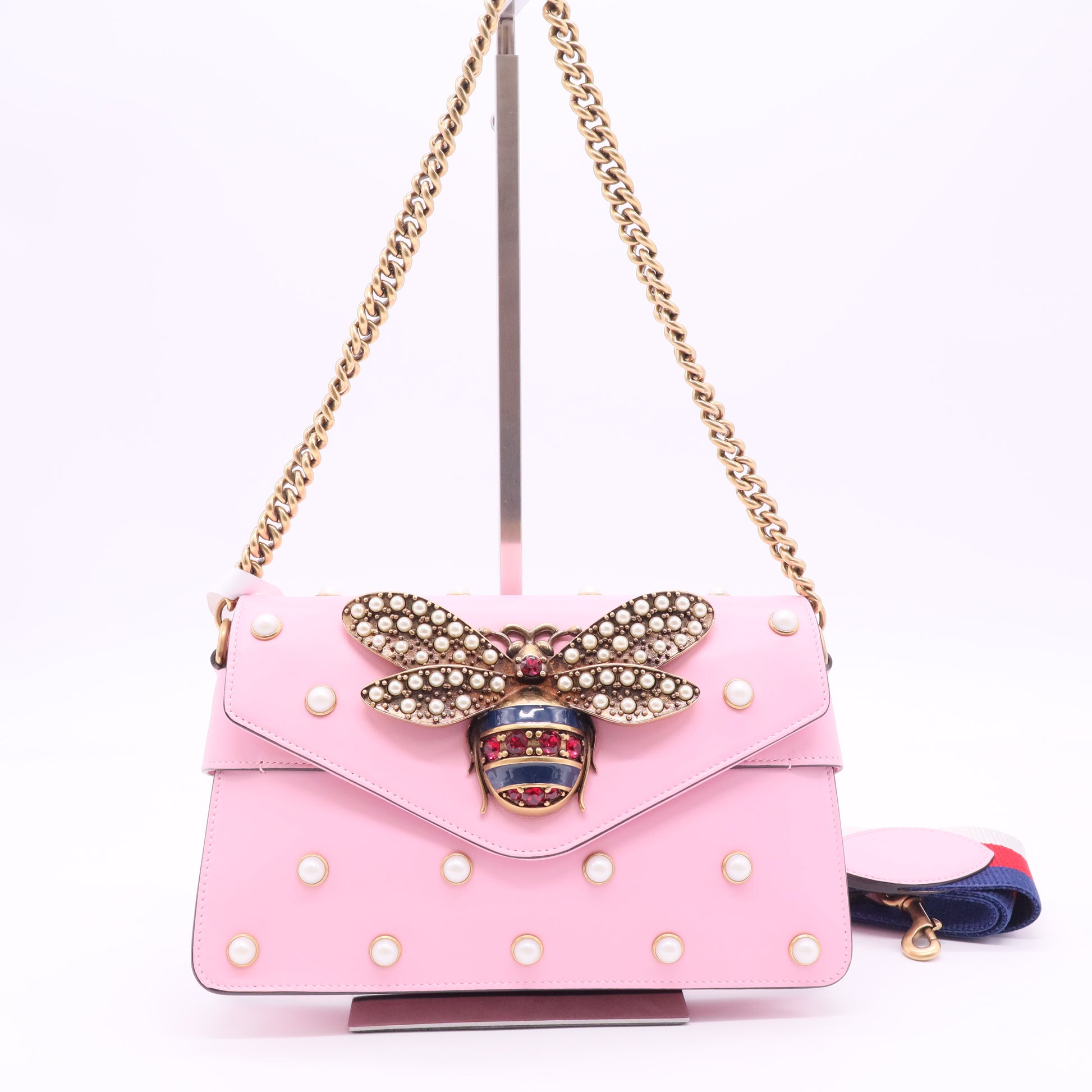 Gucci Pink Leather Pearl Studded Mini Broadway Bee Shoulder Bag