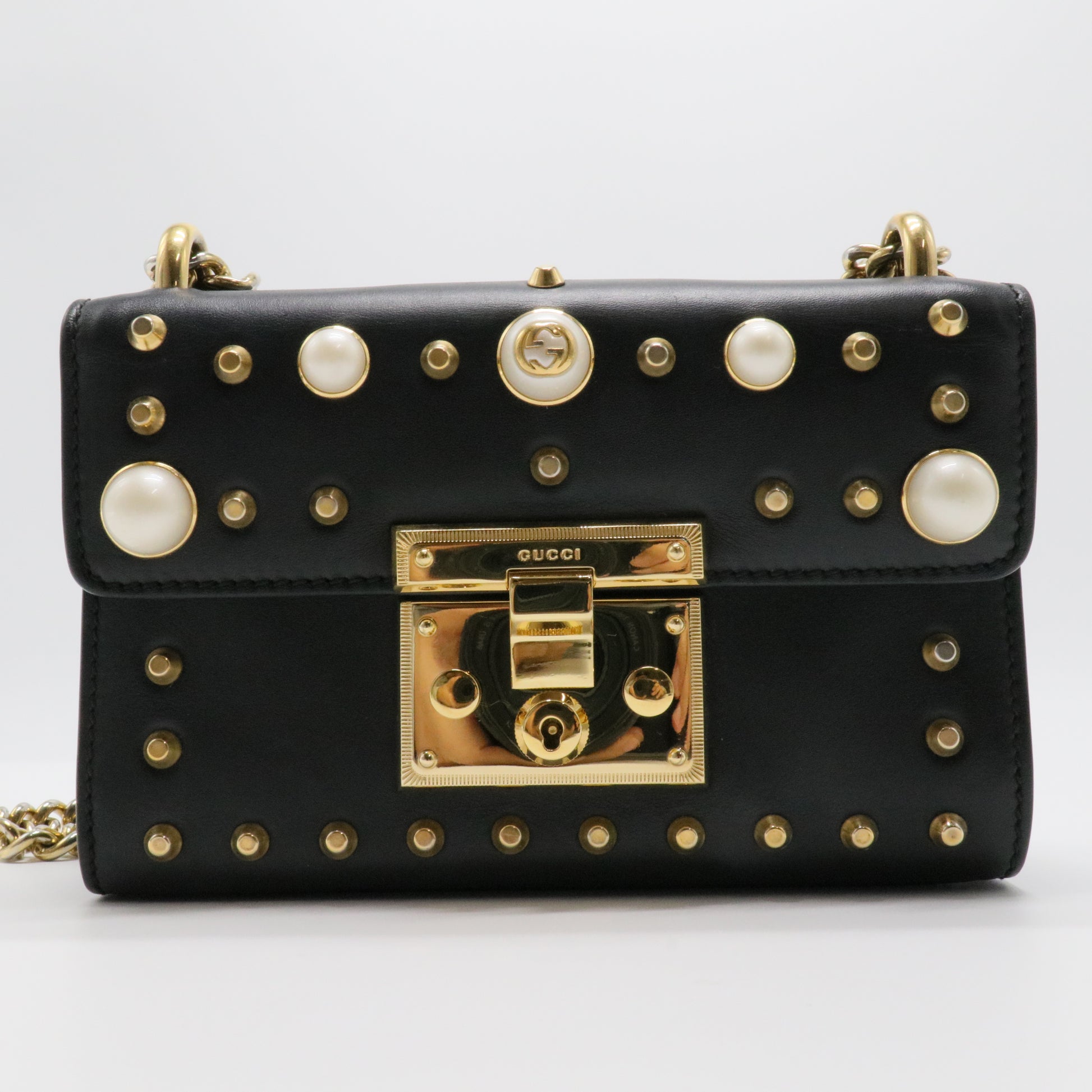 Black Small Pearl Studded Leather Padlock Crossbody