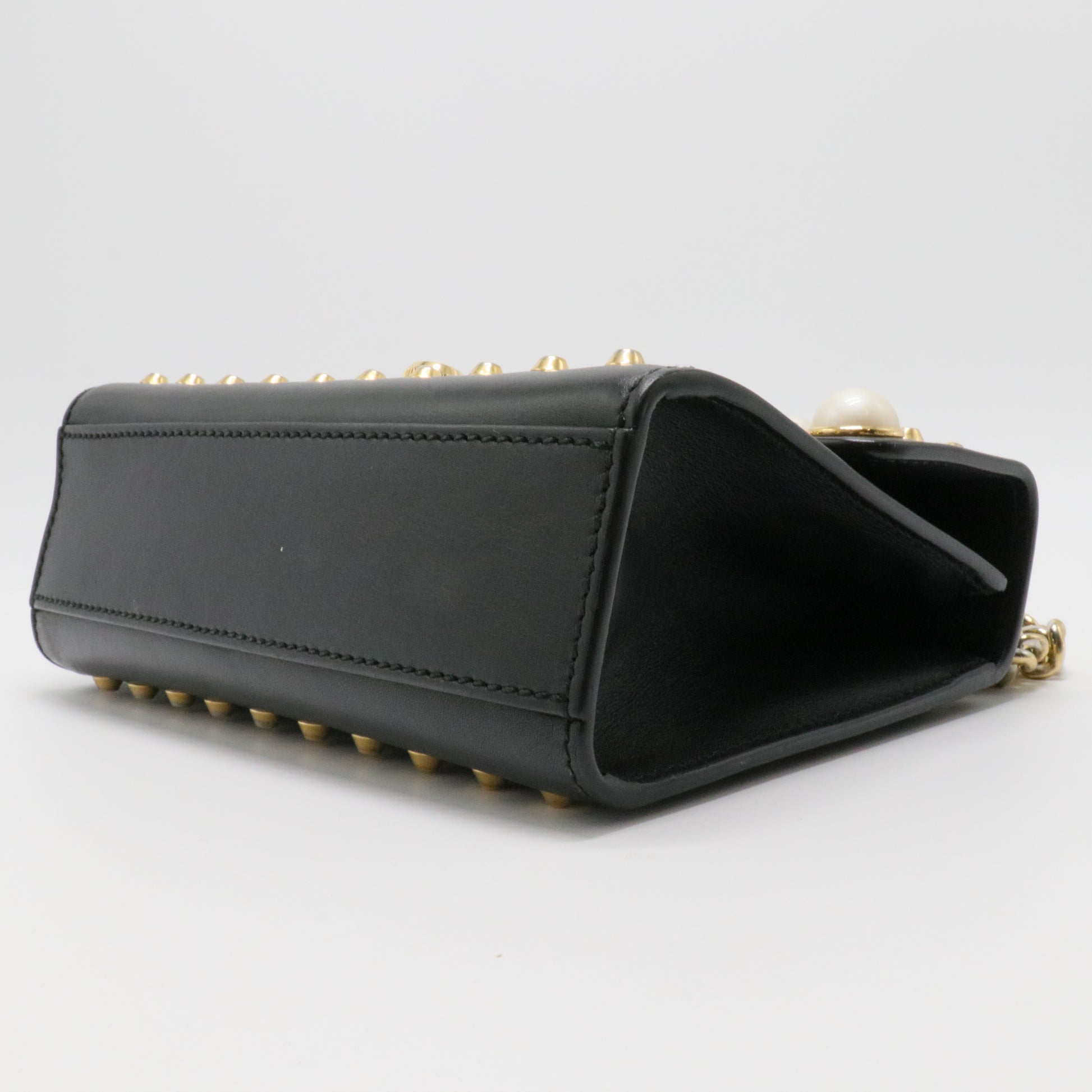 Black Small Pearl Studded Leather Padlock Crossbody
