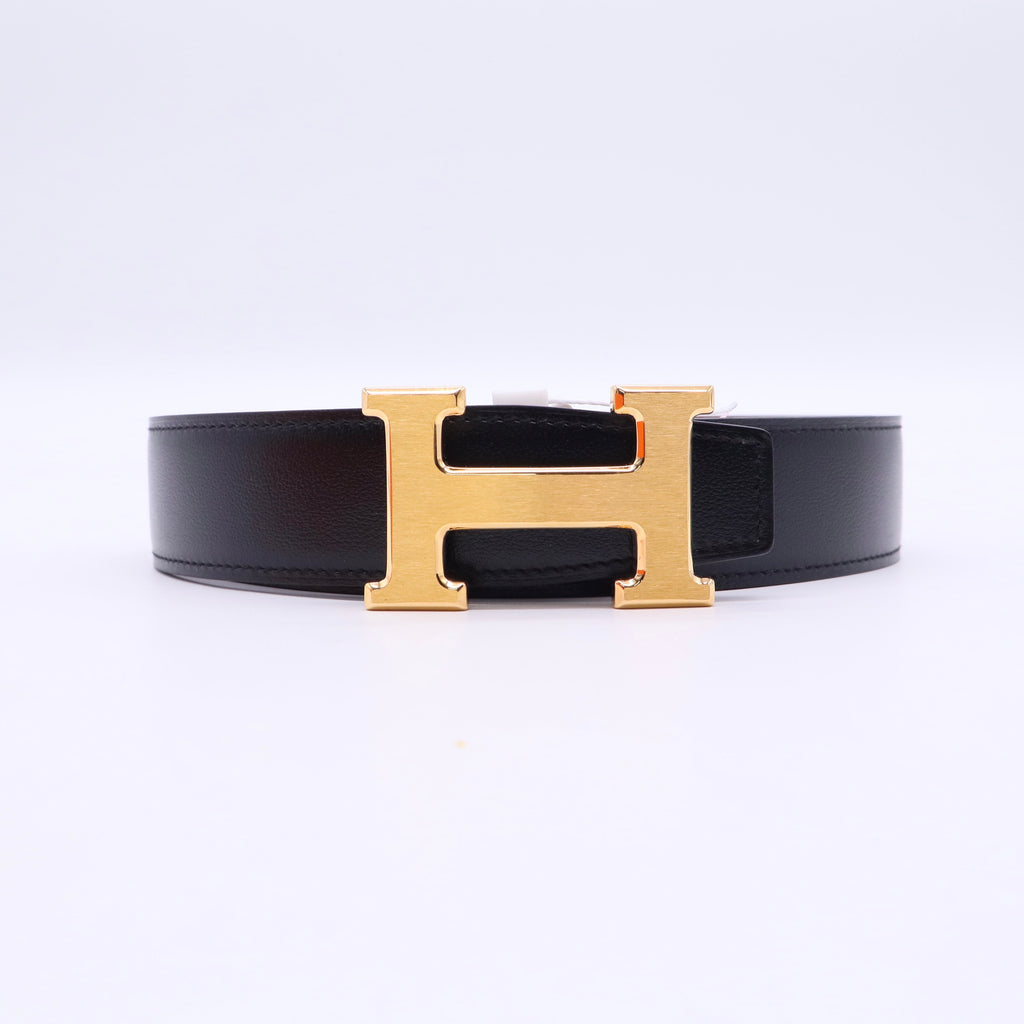 Hermès Hermes Box Togo 32mm Reversible H Belt 80 32 Black Gold twins LDJ3442