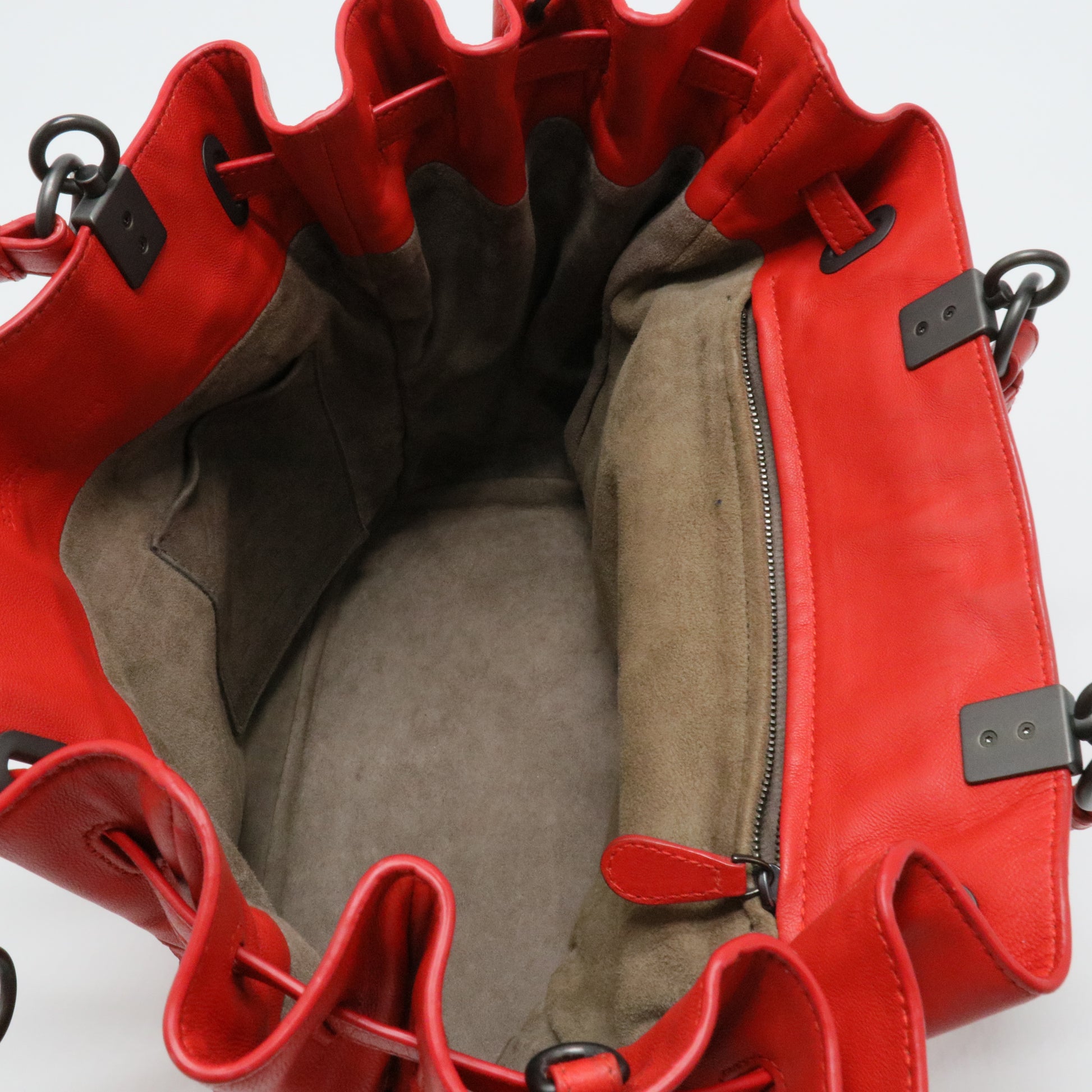 Red Intrecciato Leather Drawstring Bucket Bag