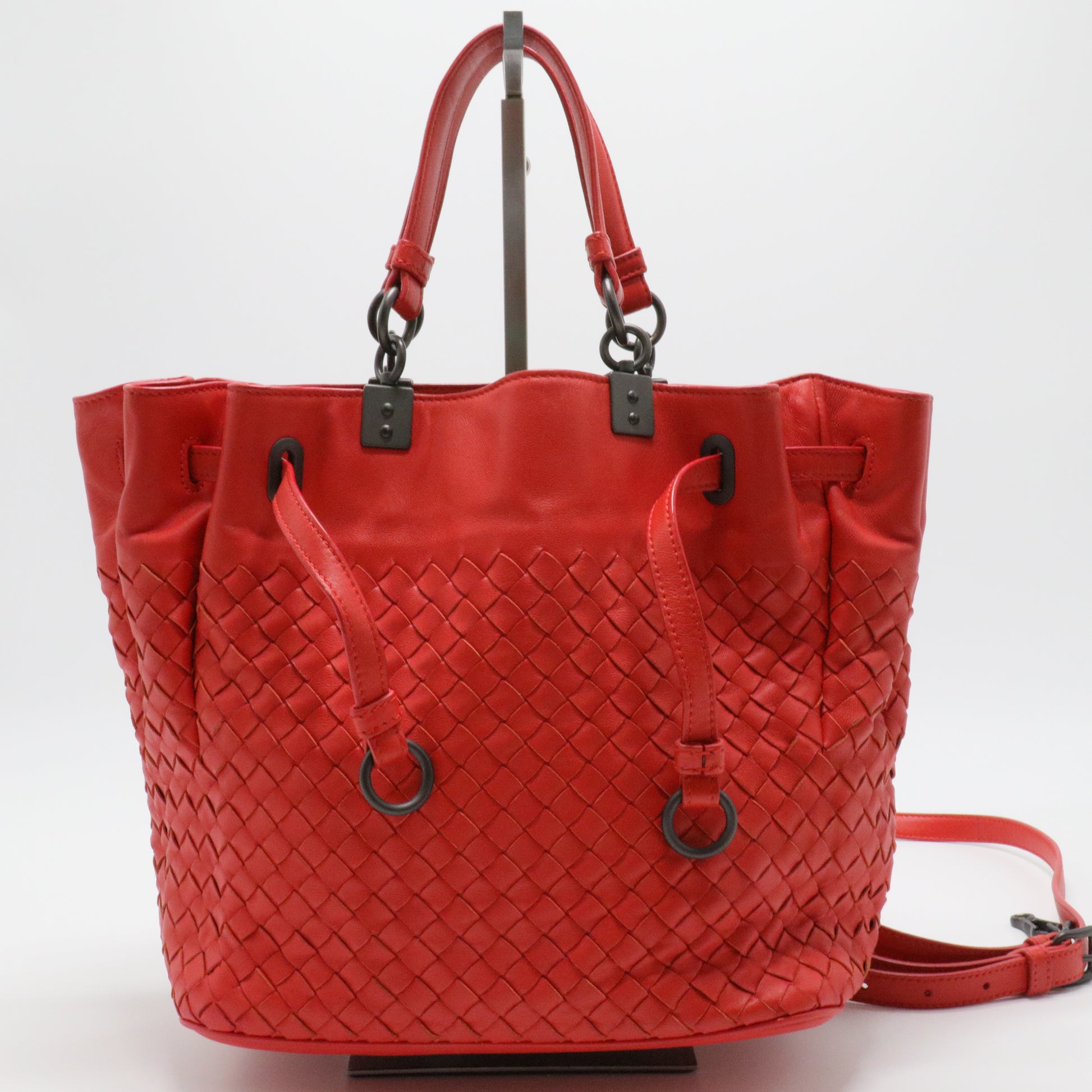 Red Intrecciato Leather Drawstring Bucket Bag