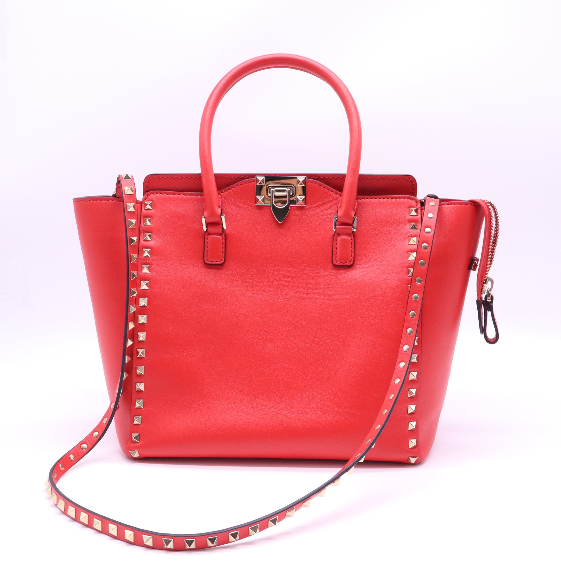 Valentino Fuchsia Smooth Calfskin Leather Rockstud Double Handle Tote Bag B21831