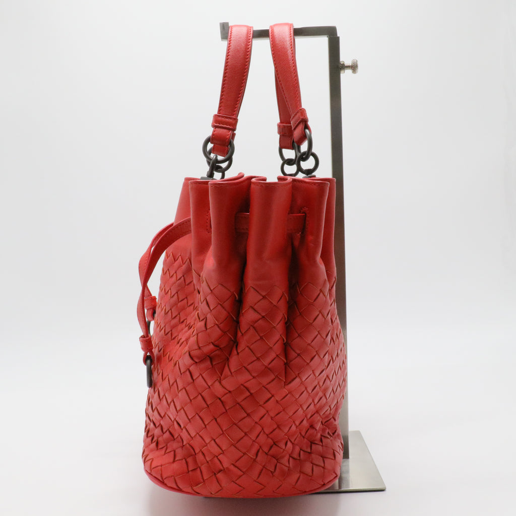 Red Intrecciato Leather Drawstring Bucket Bag
