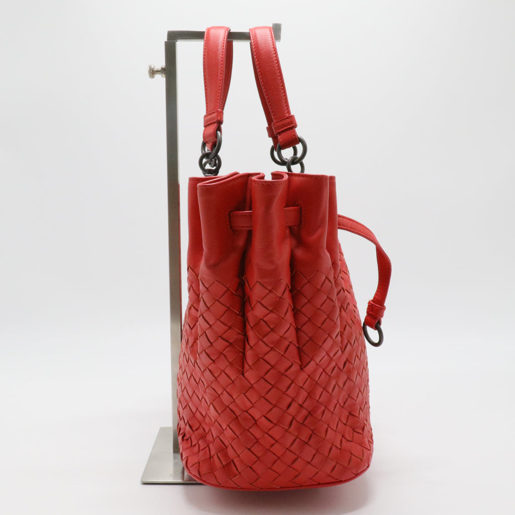Red Intrecciato Leather Drawstring Bucket Bag