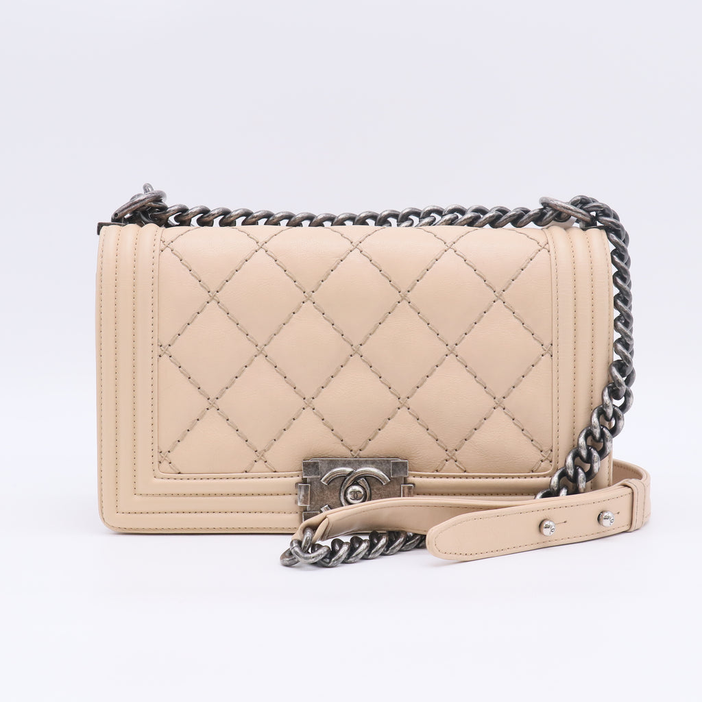 Chanel Calfskin Stitch Medium Boy Flap Bag Ruthenium Hardware twins B23753