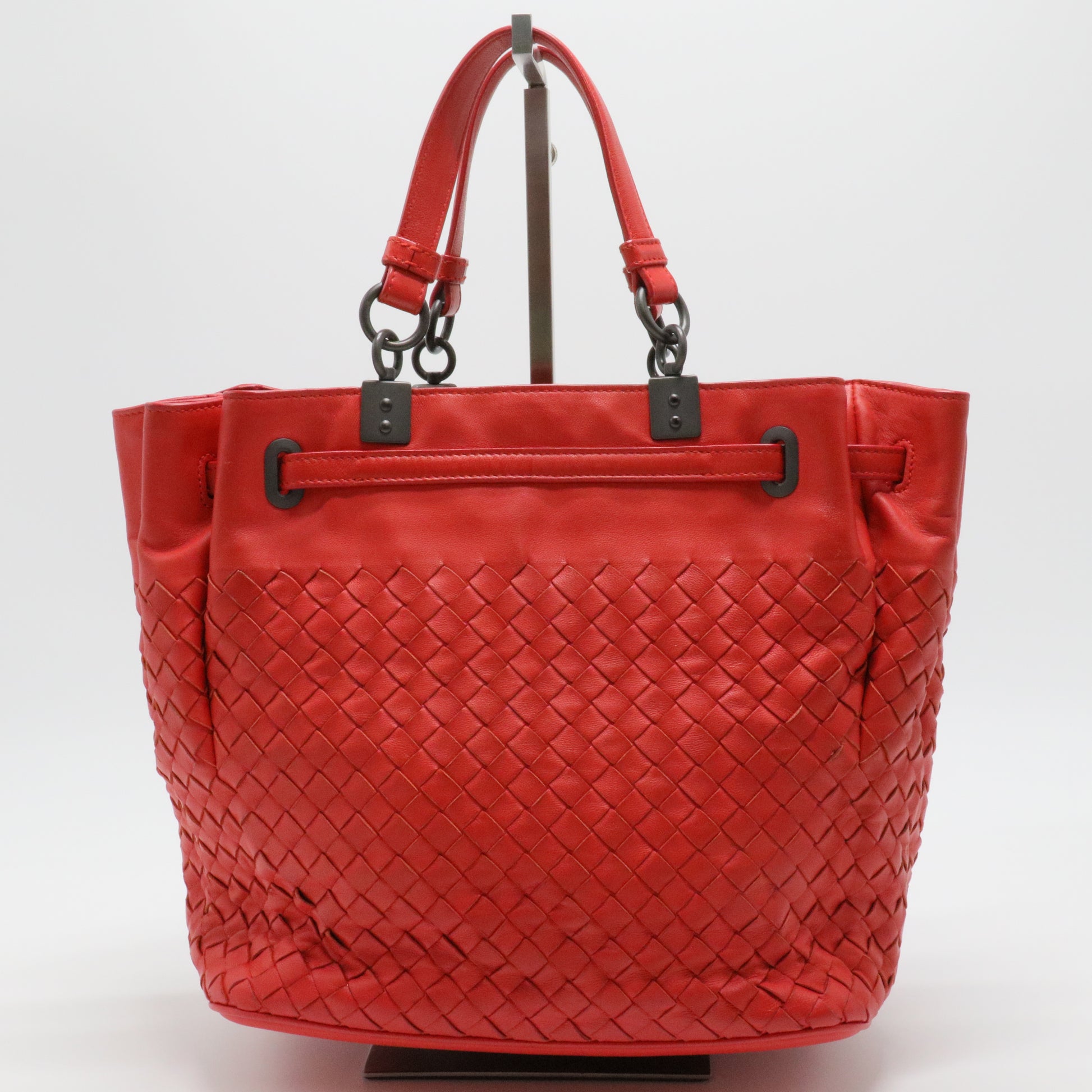 Red Intrecciato Leather Drawstring Bucket Bag