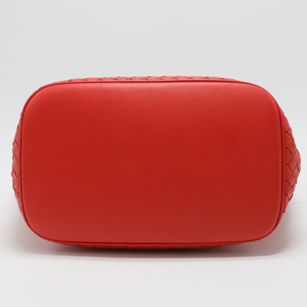 Red Intrecciato Leather Drawstring Bucket Bag