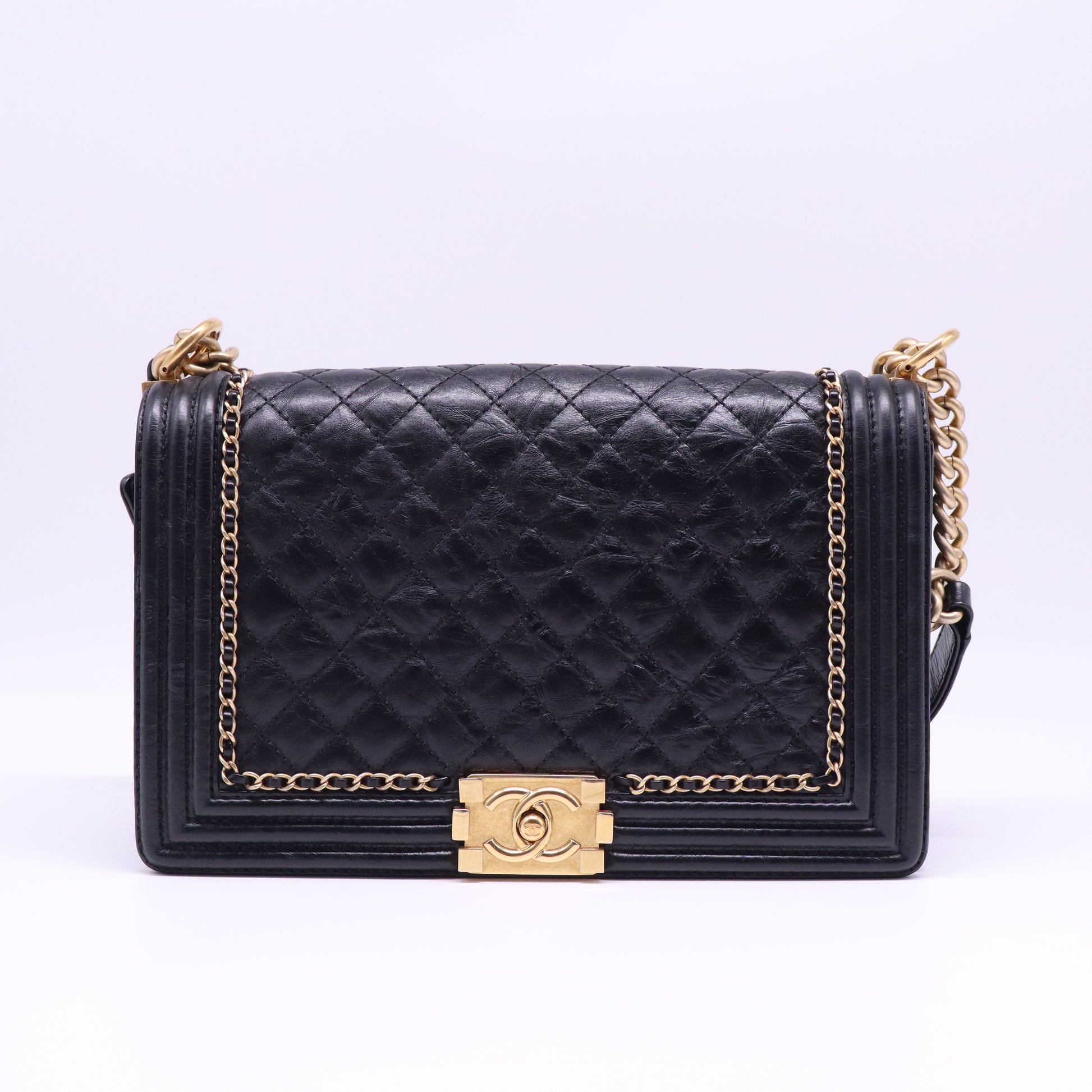Chanel Chain Around Boy Flap Bag Quilted Caviar Old Medium Twins LDJ4005