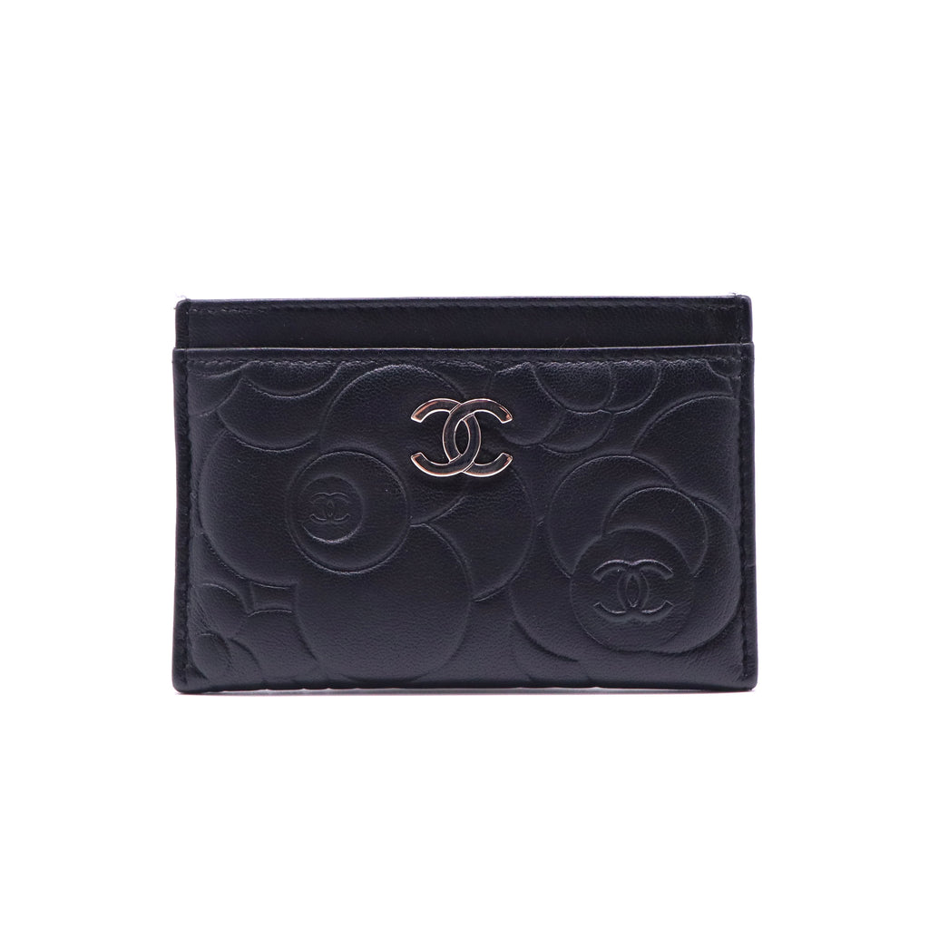 Black Leather Camellia Embossed Card Holder Twins W21331