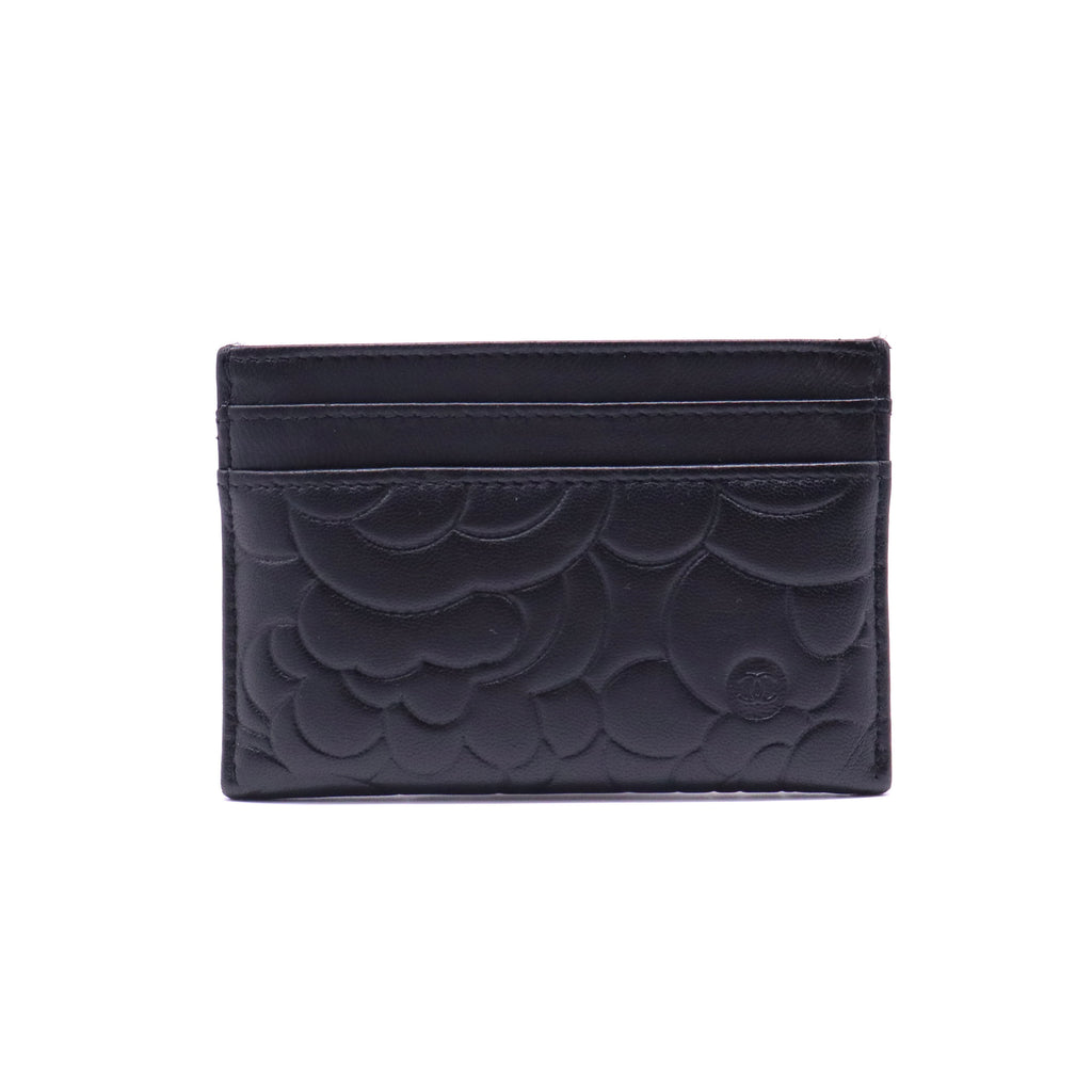Black Leather Camellia Embossed Card Holder Twins W21331