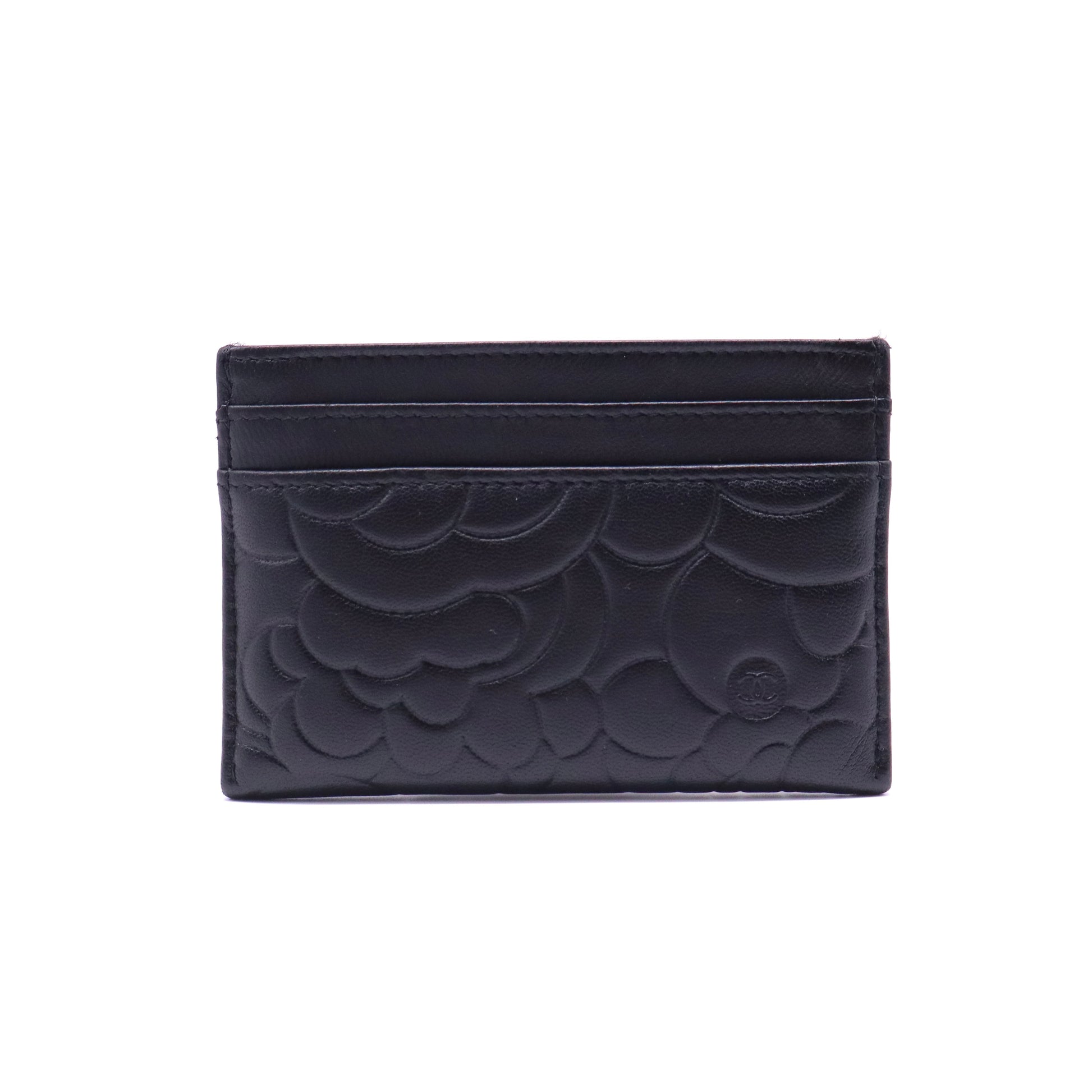 Black Leather Camellia Embossed Card Holder Twins W21331
