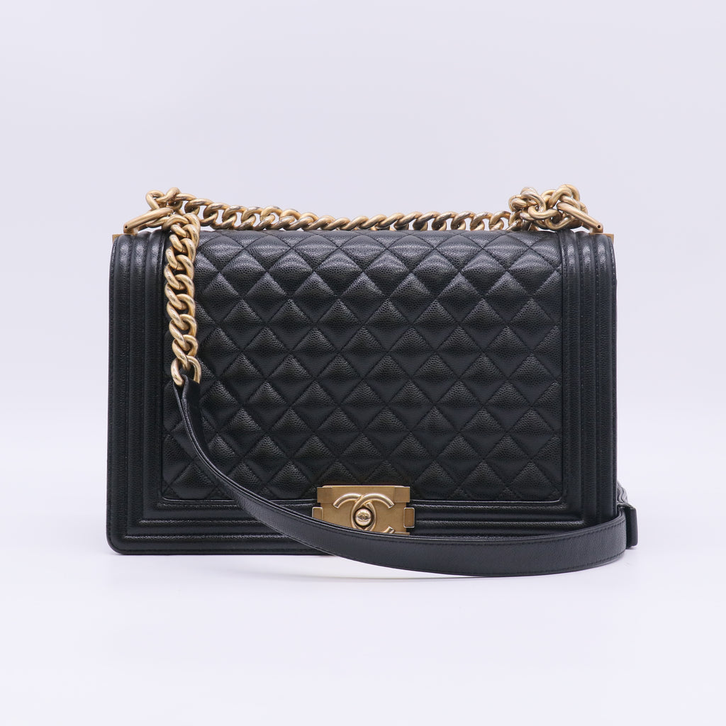Chanel Caviar Quilted large Boy Flap Bag Black Aged Gold Hardware twins B23841