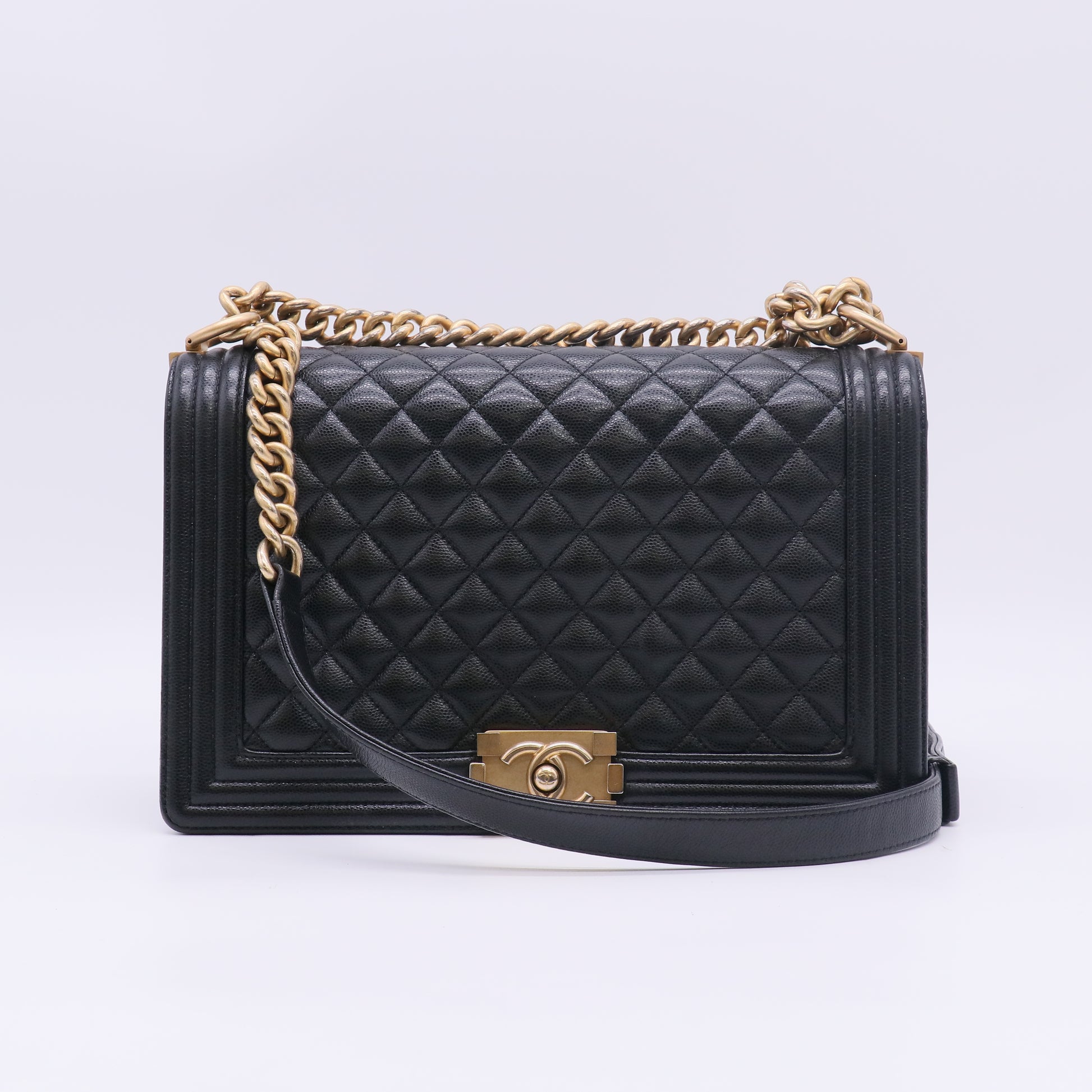 Chanel Caviar Quilted large Boy Flap Bag Black Aged Gold Hardware twins B23841