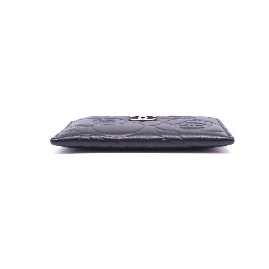 Black Leather Camellia Embossed Card Holder Twins W21331