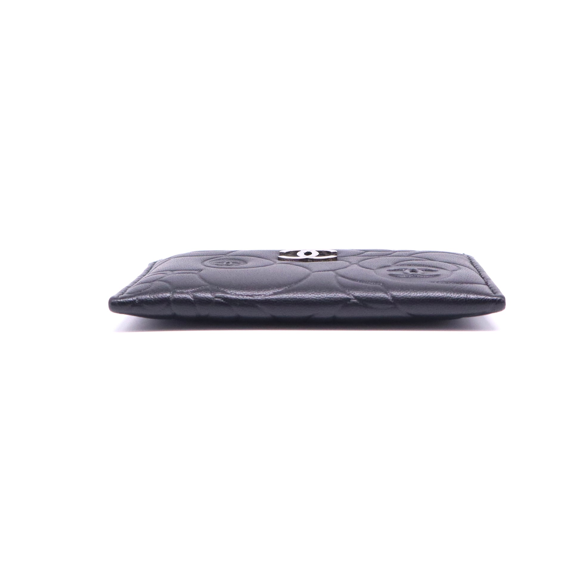 Black Leather Camellia Embossed Card Holder Twins W21331
