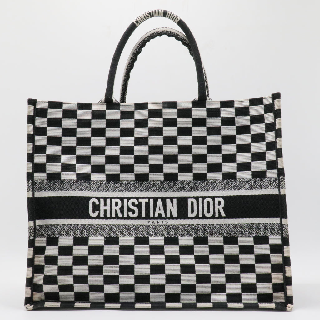 White Checkered Embroidered Canvas Large Book Tote