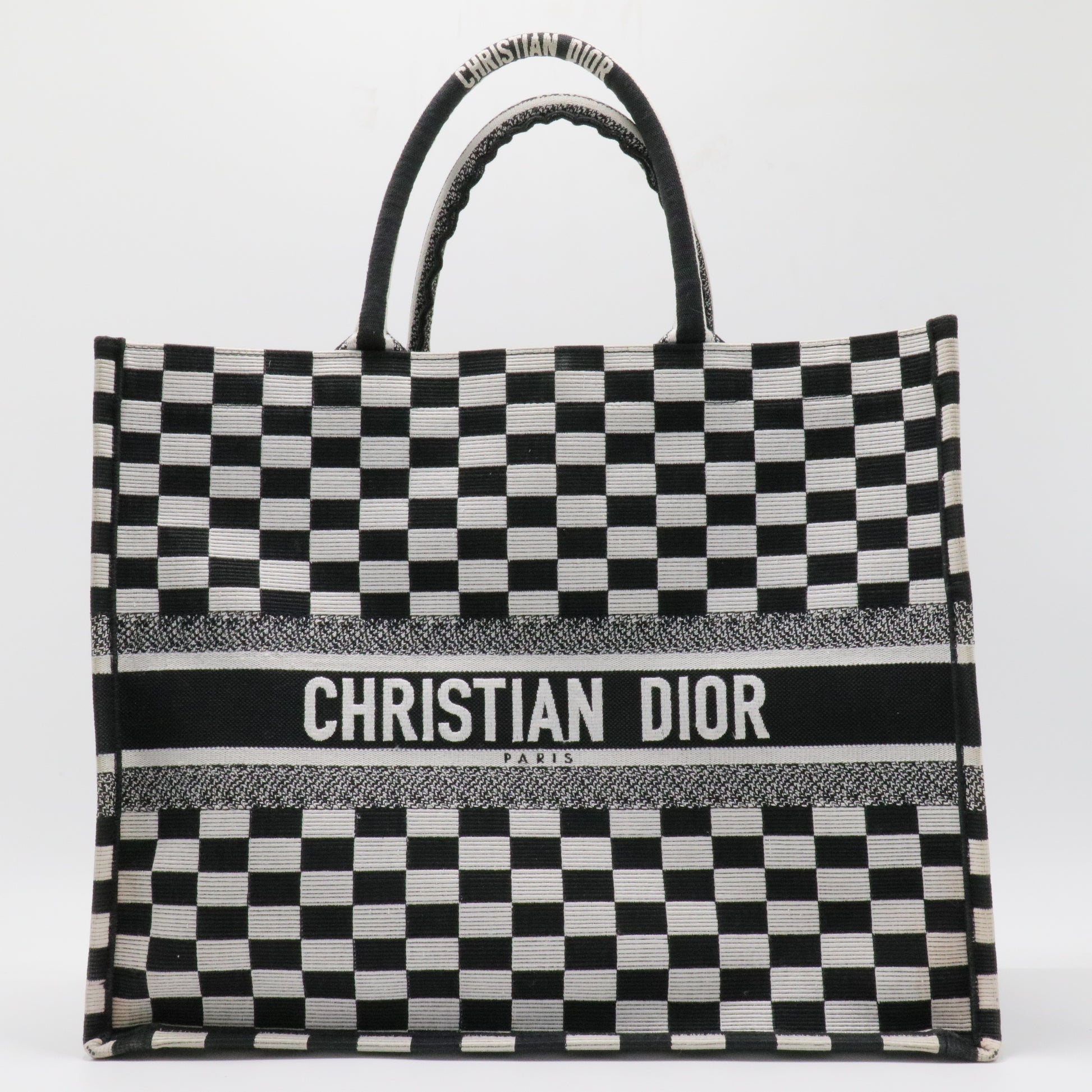 White Checkered Embroidered Canvas Large Book Tote