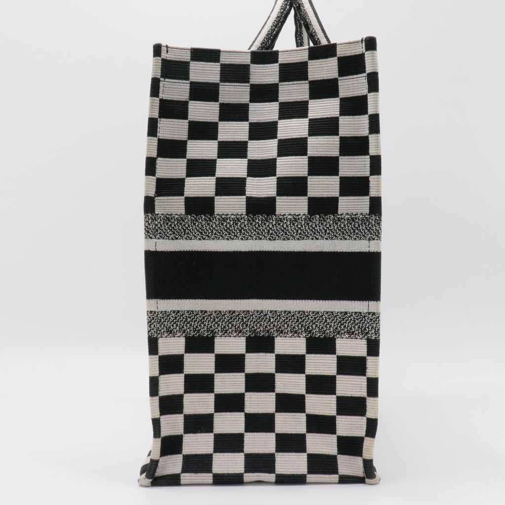 White Checkered Embroidered Canvas Large Book Tote
