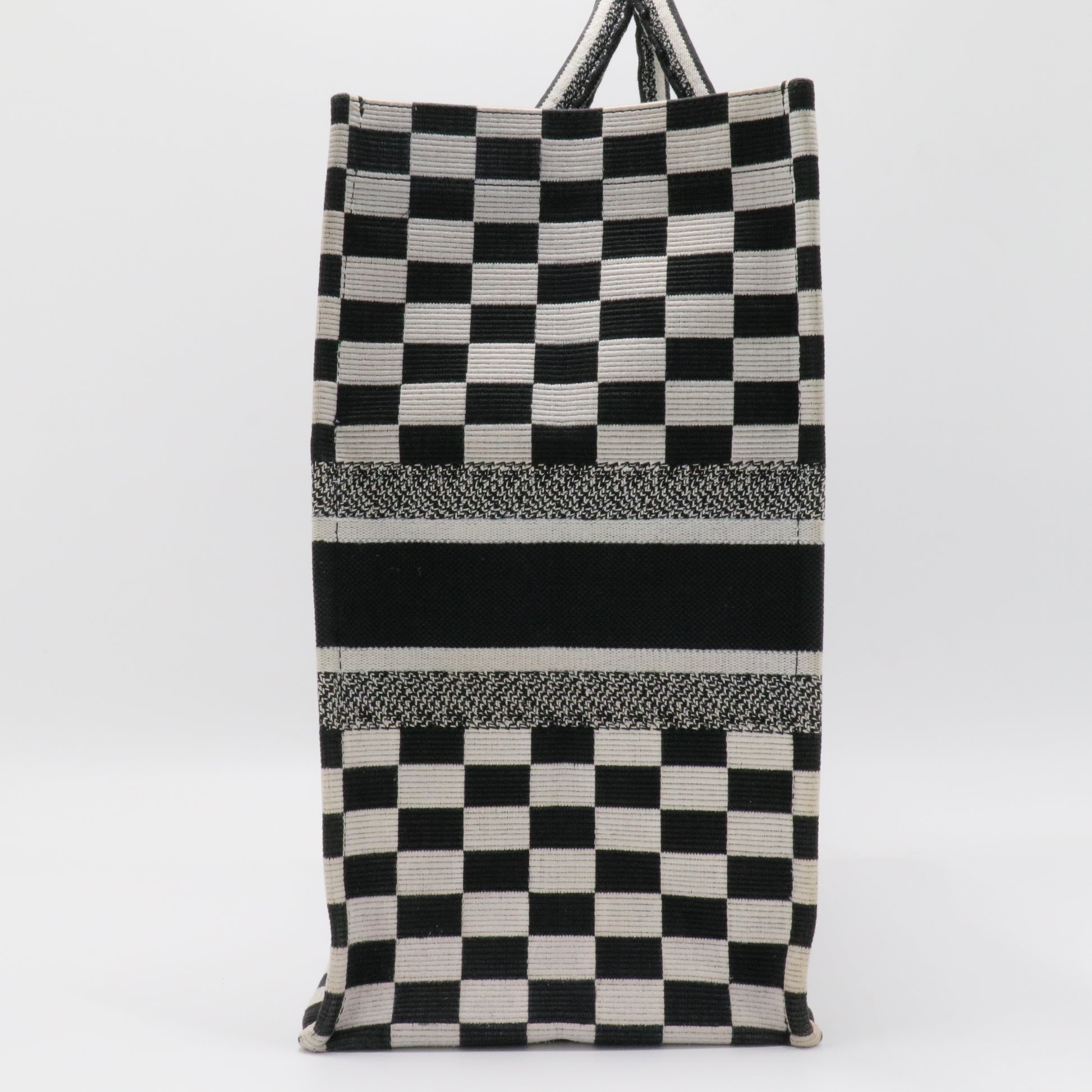White Checkered Embroidered Canvas Large Book Tote