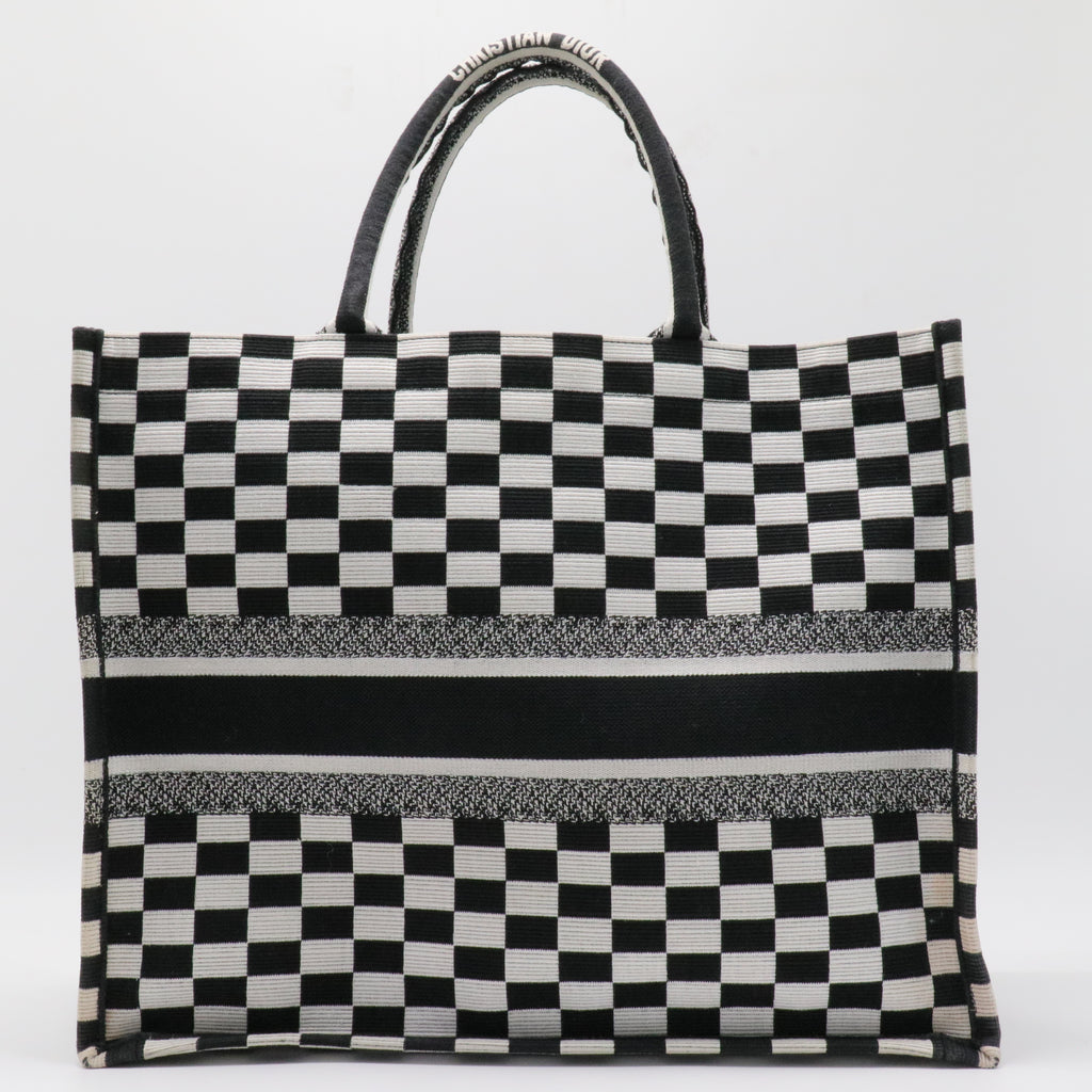 White Checkered Embroidered Canvas Large Book Tote