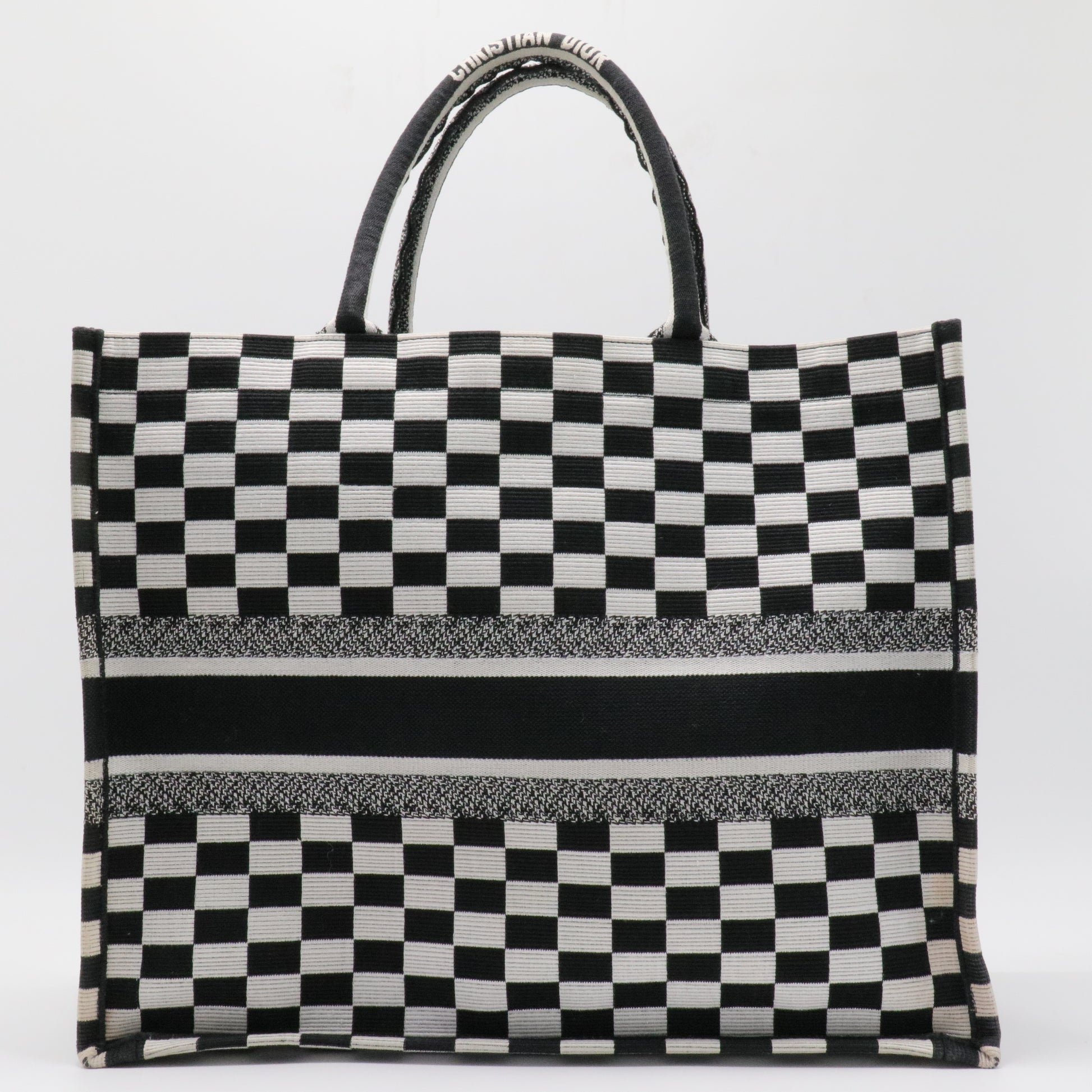 White Checkered Embroidered Canvas Large Book Tote