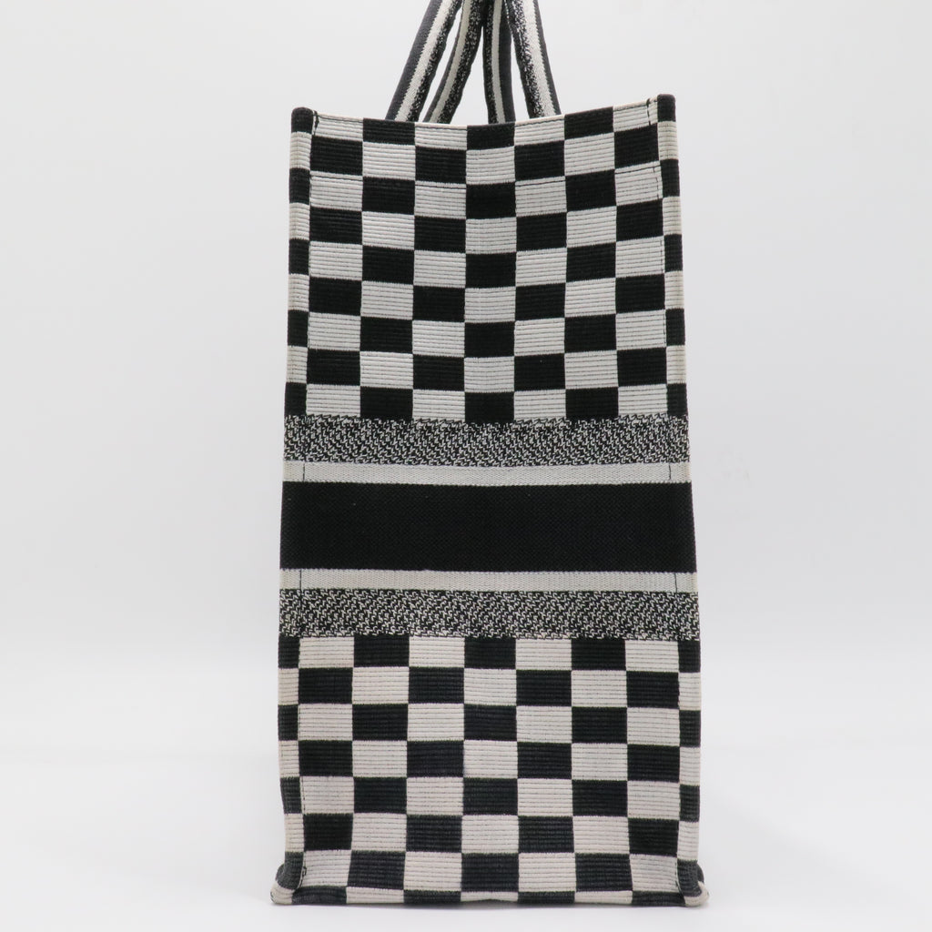White Checkered Embroidered Canvas Large Book Tote
