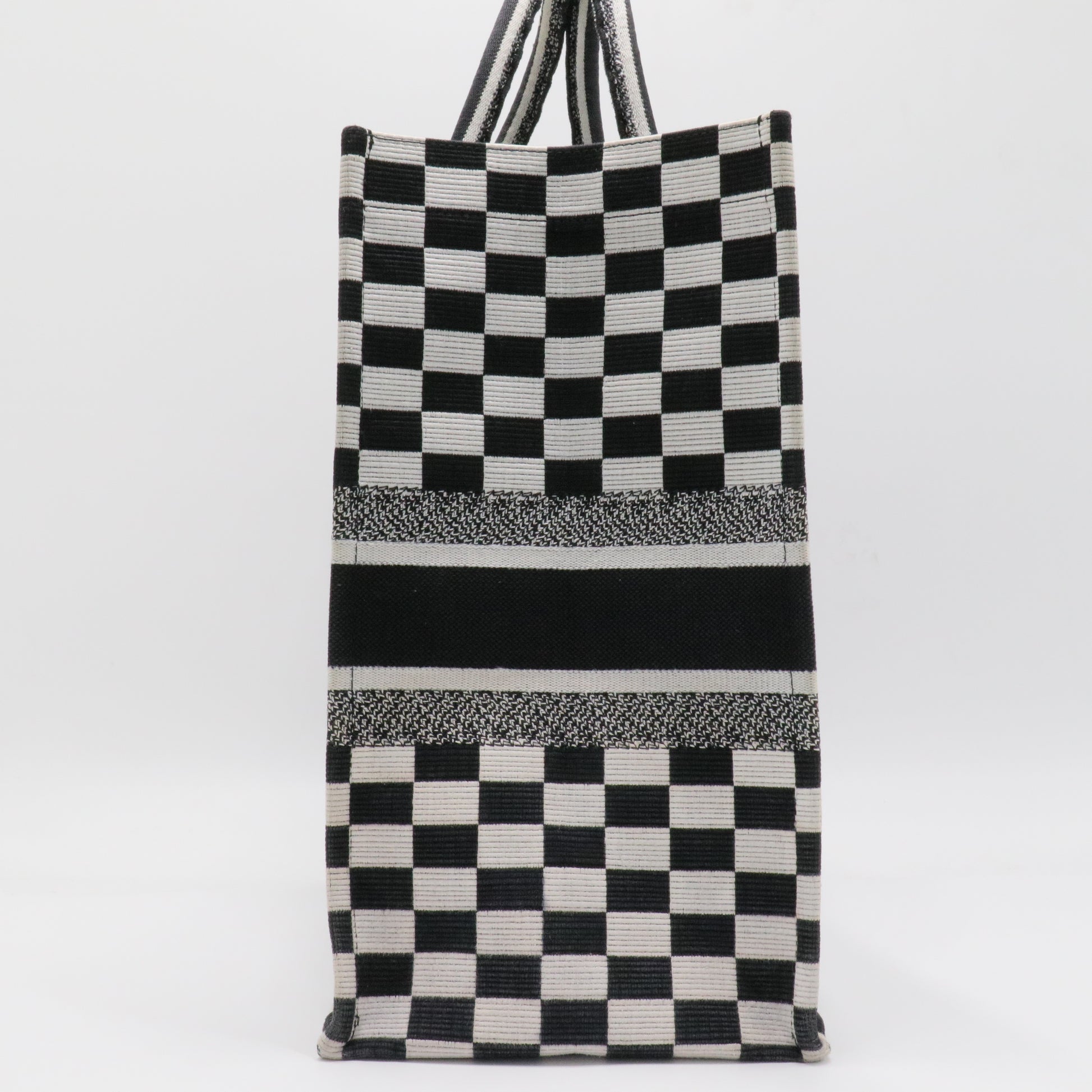 White Checkered Embroidered Canvas Large Book Tote