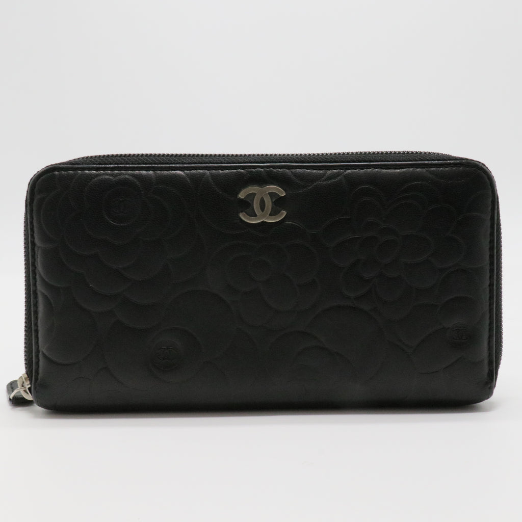 Lambskin Camellia Embossed Large Zip Around Gusset Wallet