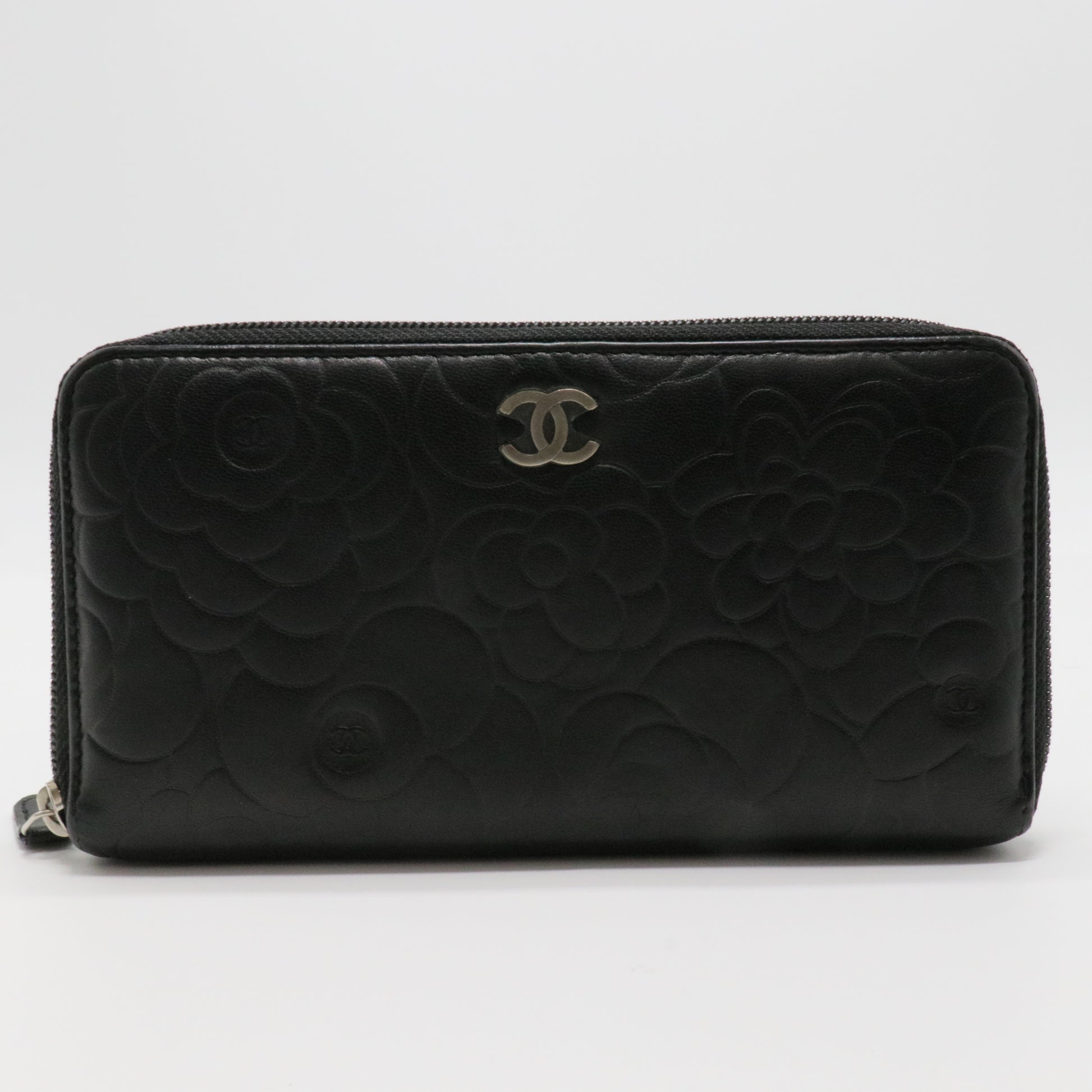Lambskin Camellia Embossed Large Zip Around Gusset Wallet
