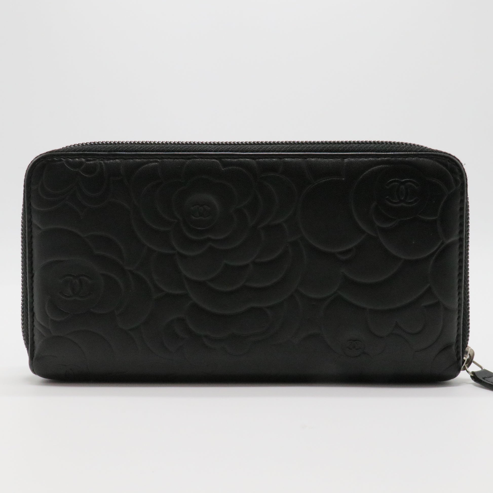 Lambskin Camellia Embossed Large Zip Around Gusset Wallet