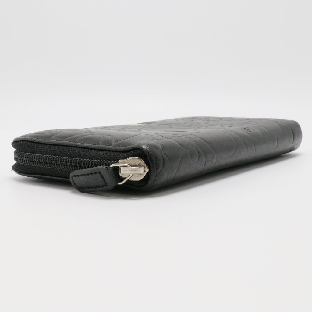Lambskin Camellia Embossed Large Zip Around Gusset Wallet