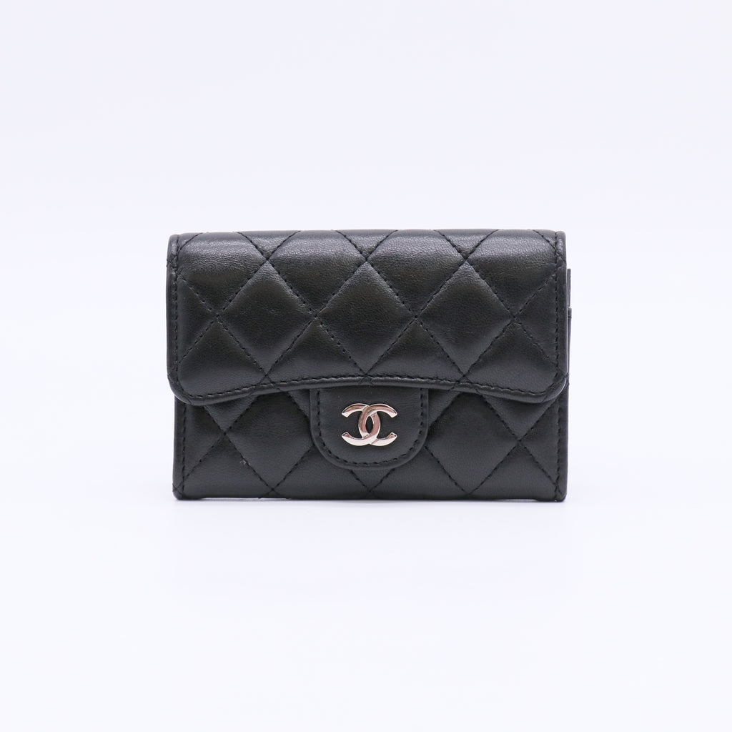 Lambskin Quilted Flap Card Holder Wallet Black W22445