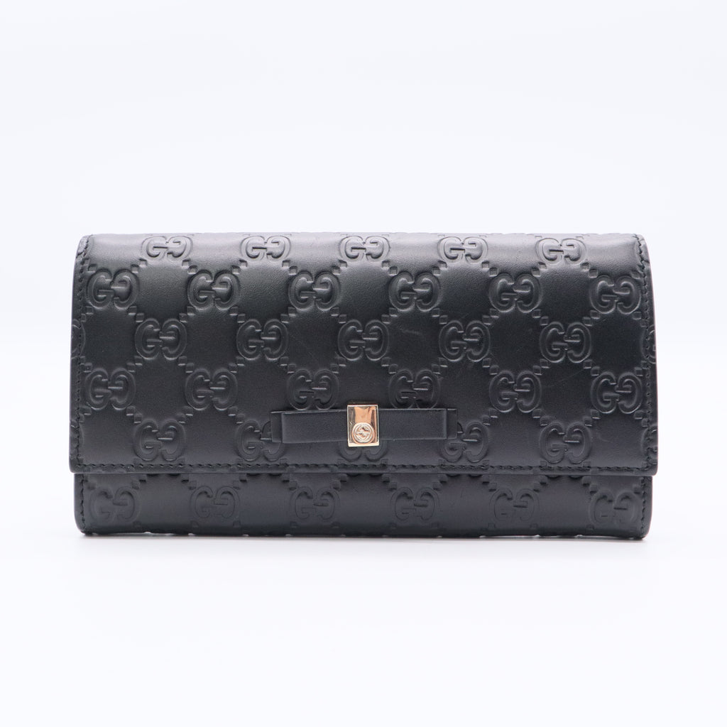 Gucci Black Guccissima Leather Bow Flap Continental WalleT  W20673