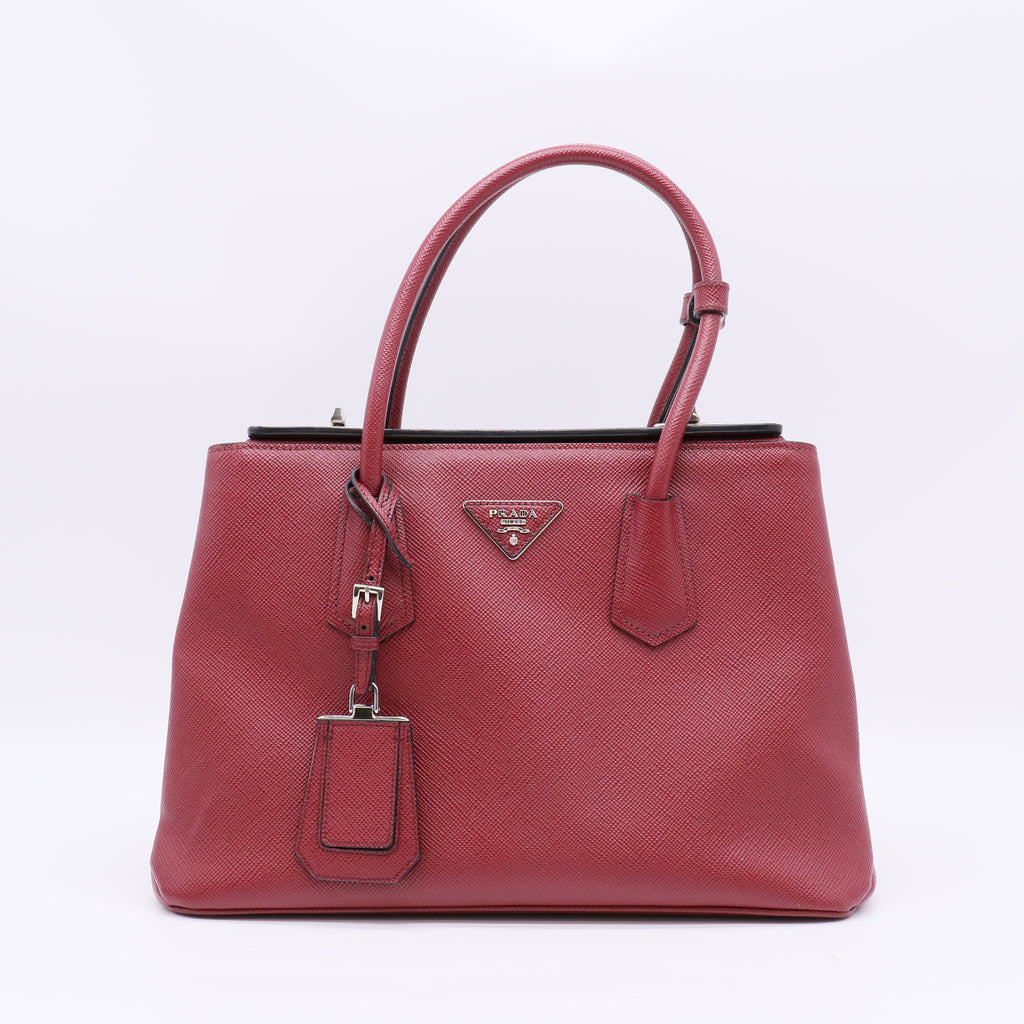 Prada Dark Red Saffiano Cuir Leather Twin Tote Bag twins B23019