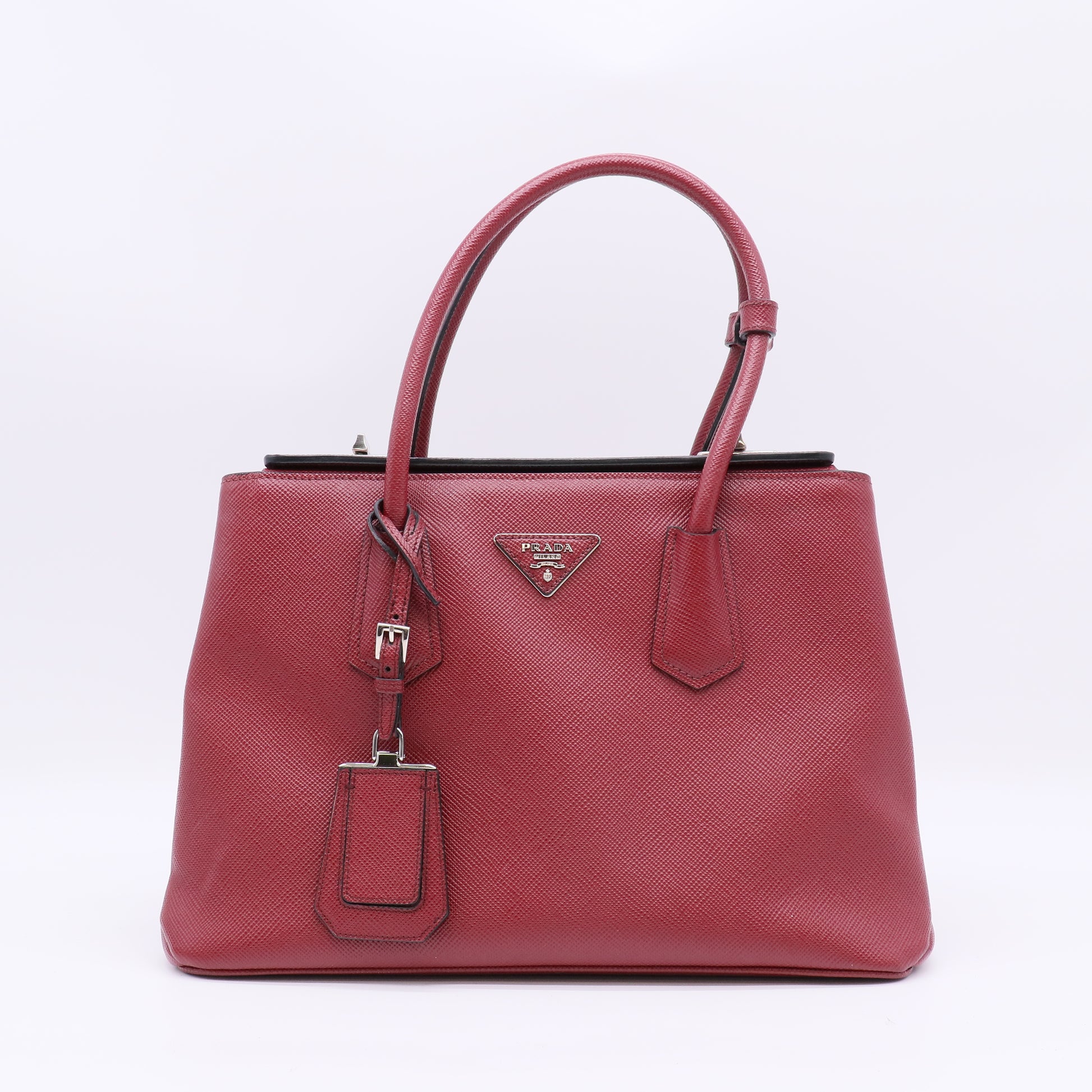 Prada Dark Red Saffiano Cuir Leather Twin Tote Bag twins B23019