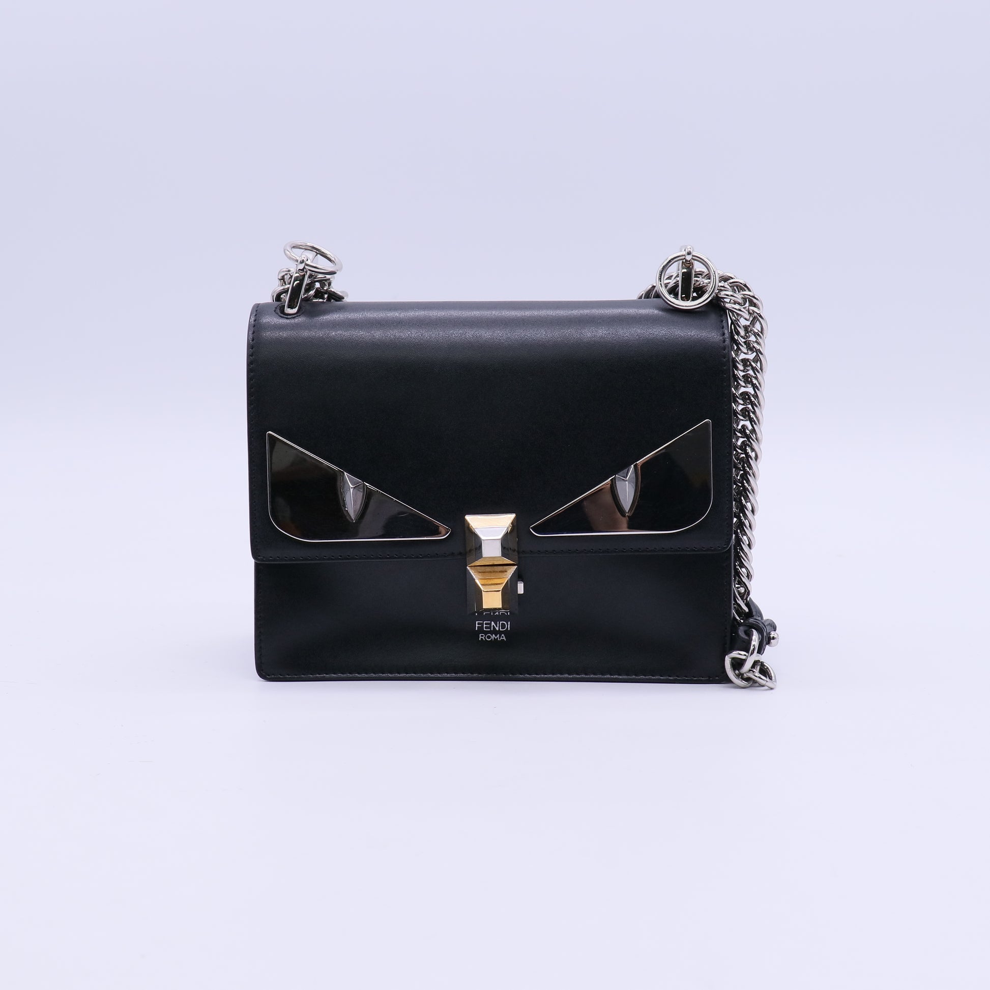 Fendi Vitello Liberty Metal Monster Eyes Small Kan I Shoulder Bag Black/Silver Twins LDJ3953