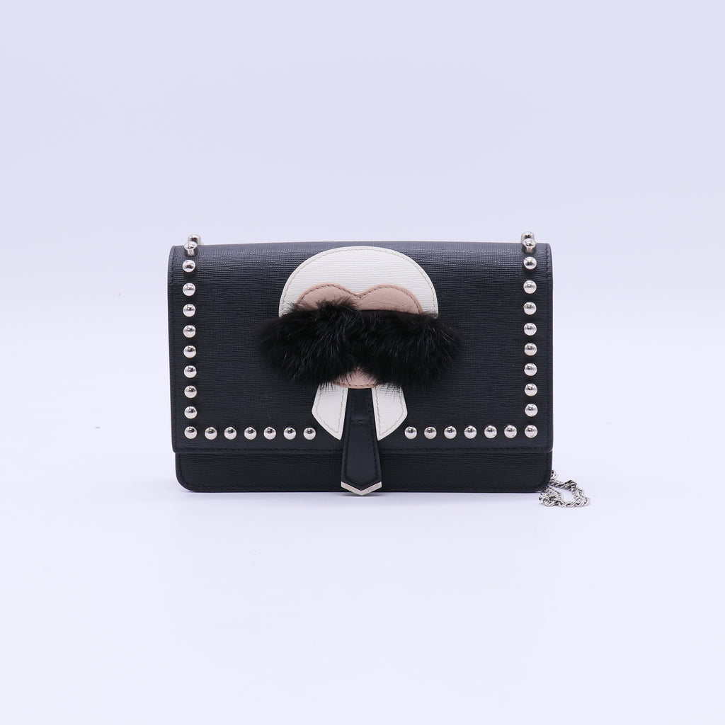 Fendi Black Saffiano Studded Leather Karlito Wallet On Chain Bag Twins LDJ3968