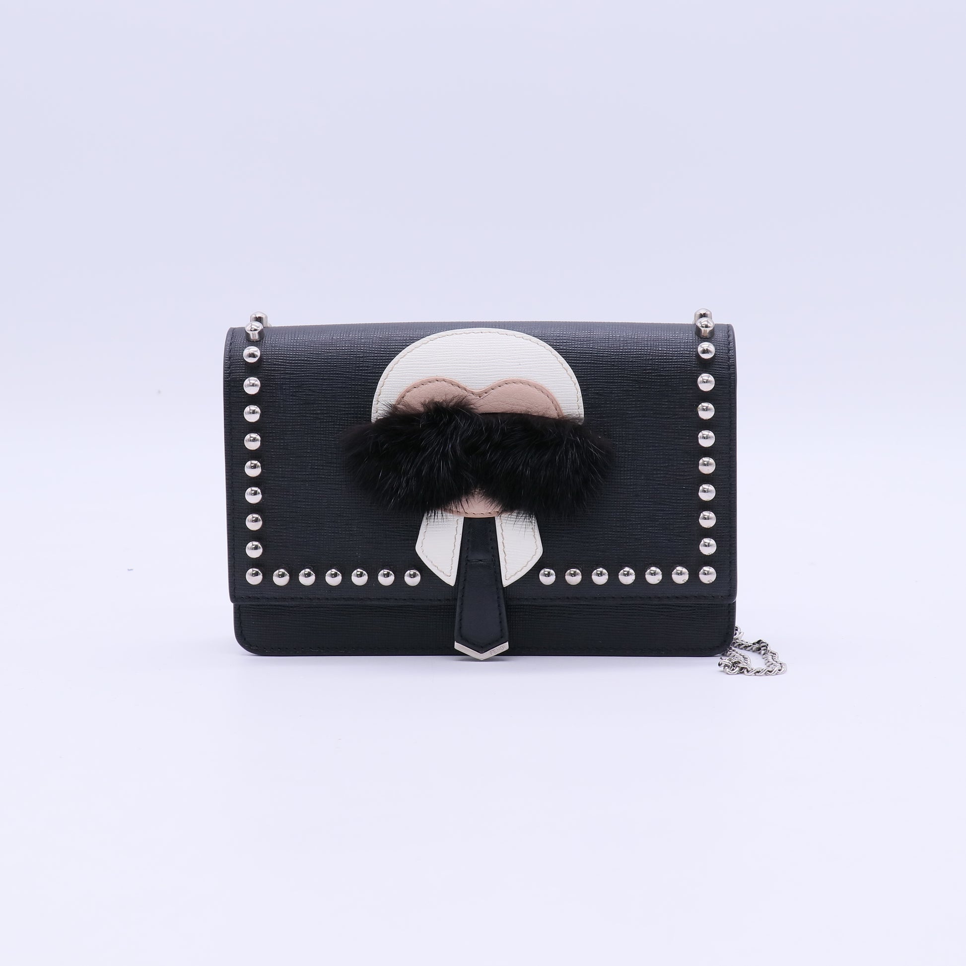 Fendi Black Saffiano Studded Leather Karlito Wallet On Chain Bag Twins LDJ3968