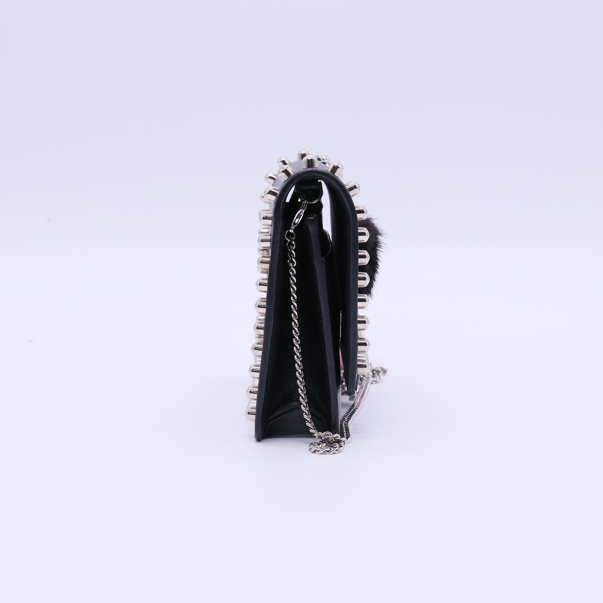 Fendi Black Saffiano Studded Leather Karlito Wallet On Chain Bag Twins LDJ3968