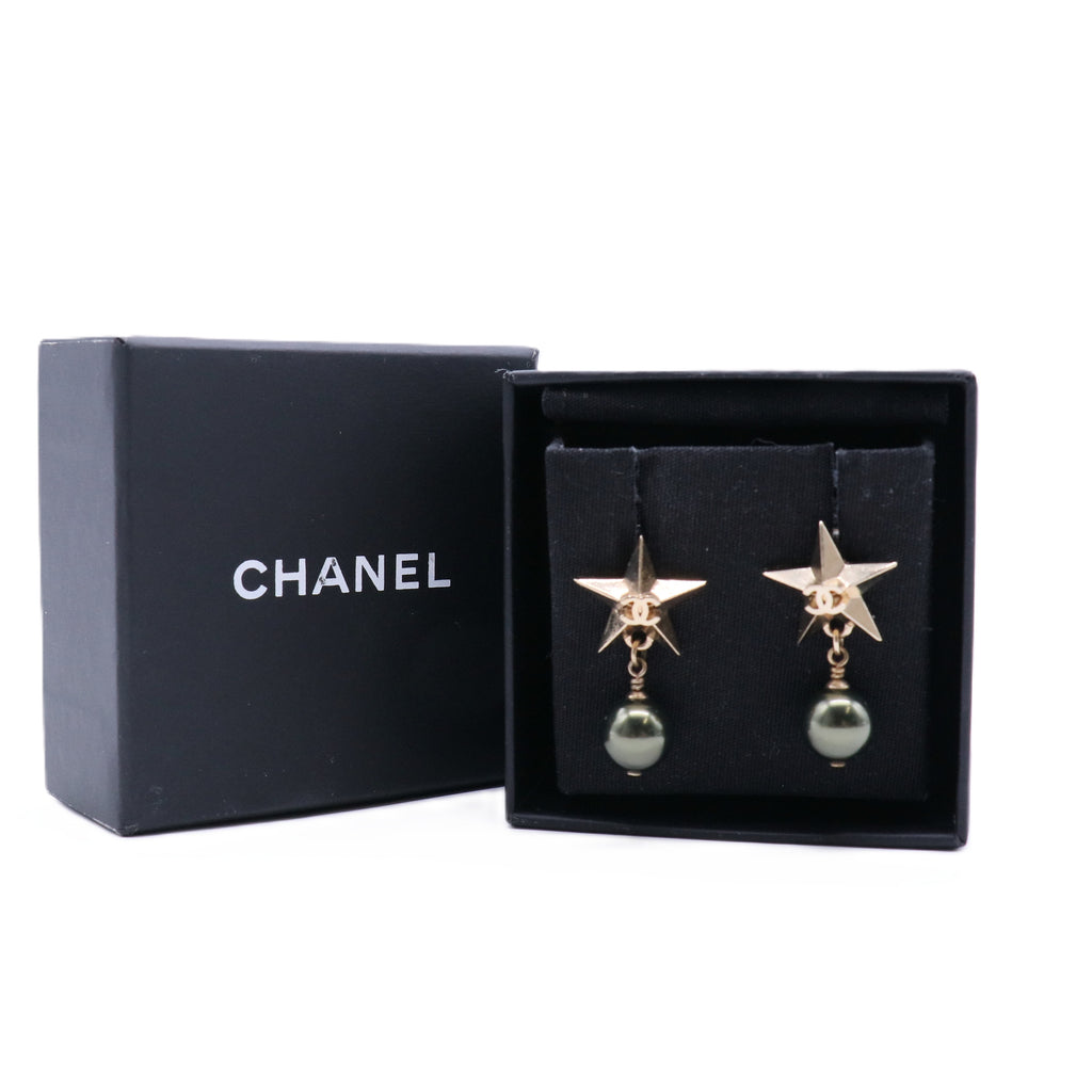 Coco Mark Star Drop Pearl Earrings Golden Metallic