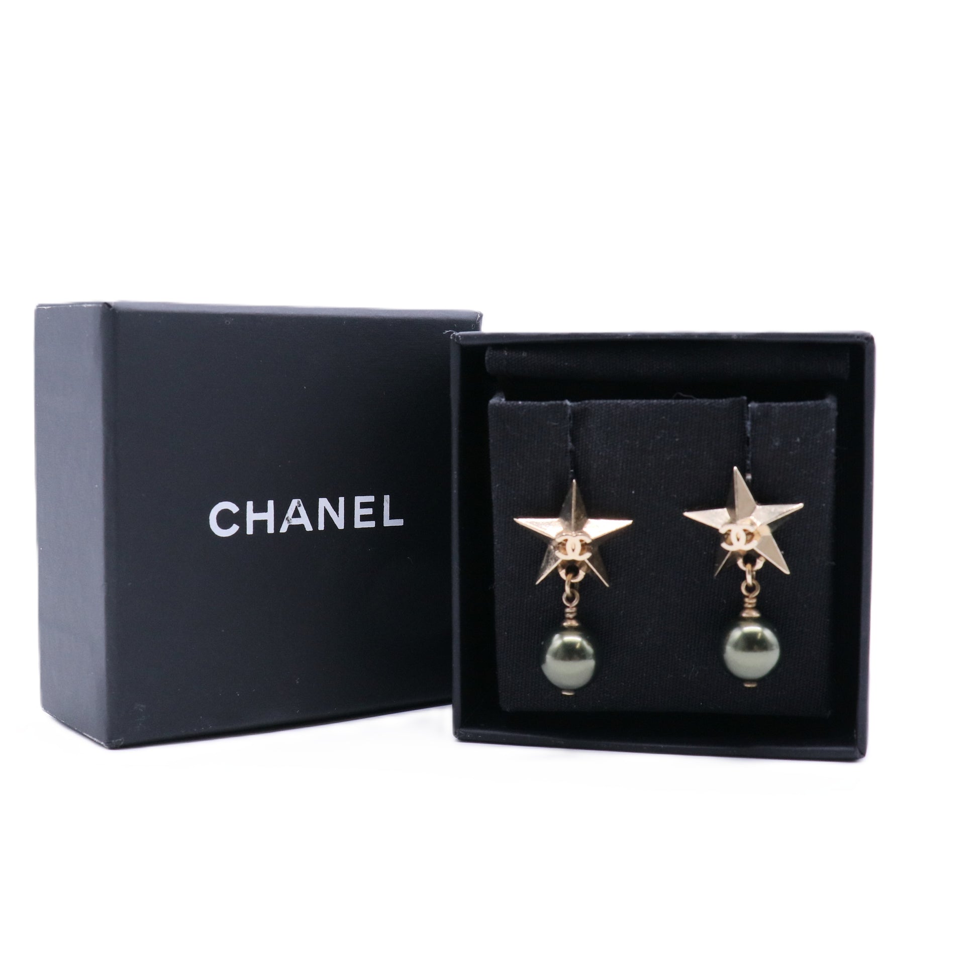 Coco Mark Star Drop Pearl Earrings Golden Metallic