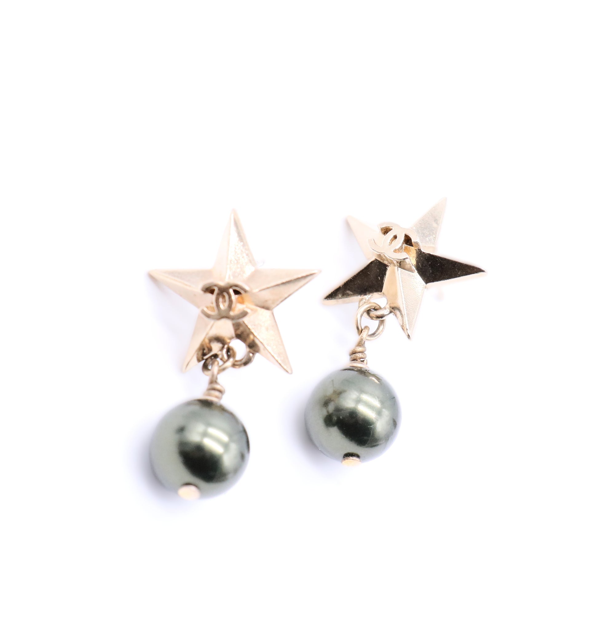 Coco Mark Star Drop Pearl Earrings Golden Metallic