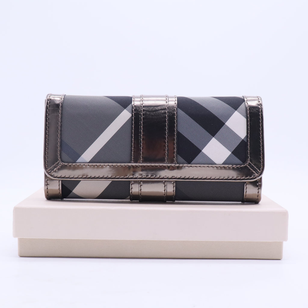 Metallic Grey Beat Check Nylon and Patent Leather Penrose Continental Wallet