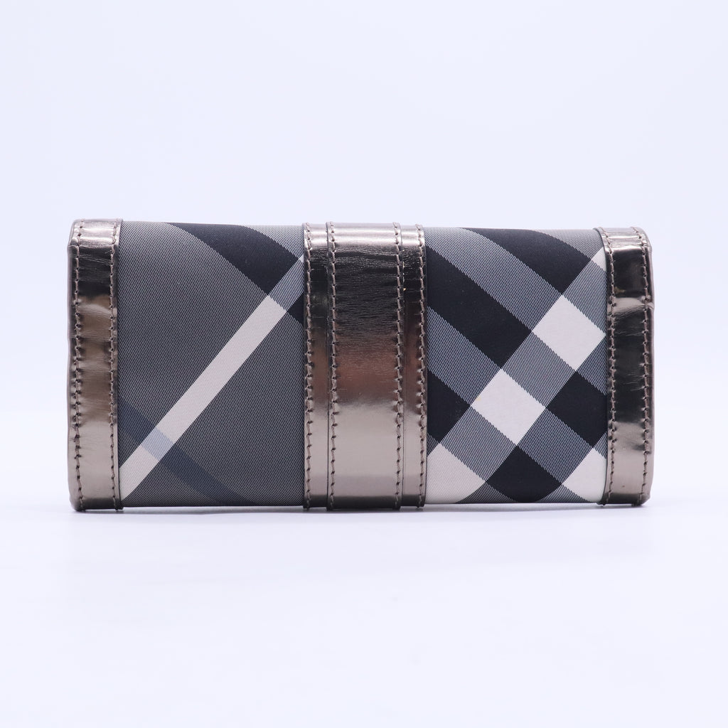 Metallic Grey Beat Check Nylon and Patent Leather Penrose Continental Wallet