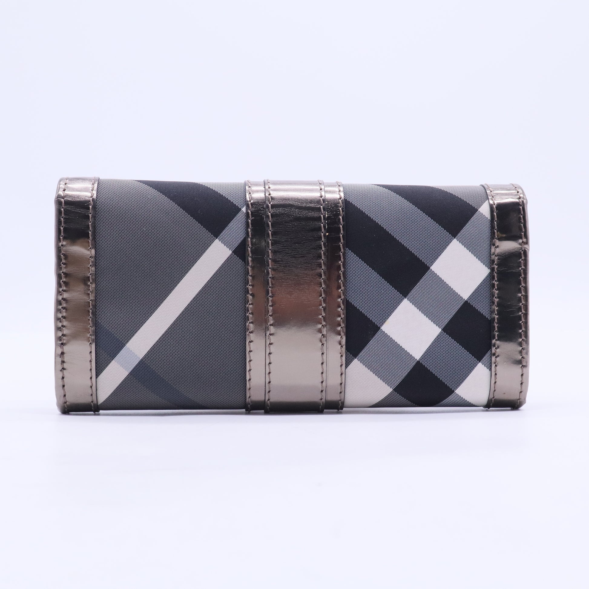 Metallic Grey Beat Check Nylon and Patent Leather Penrose Continental Wallet